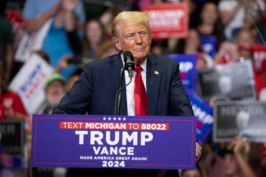 Donald Trump speaking at a public campaign rally on July 20, 2024 in Grand Rapids, Michigan.