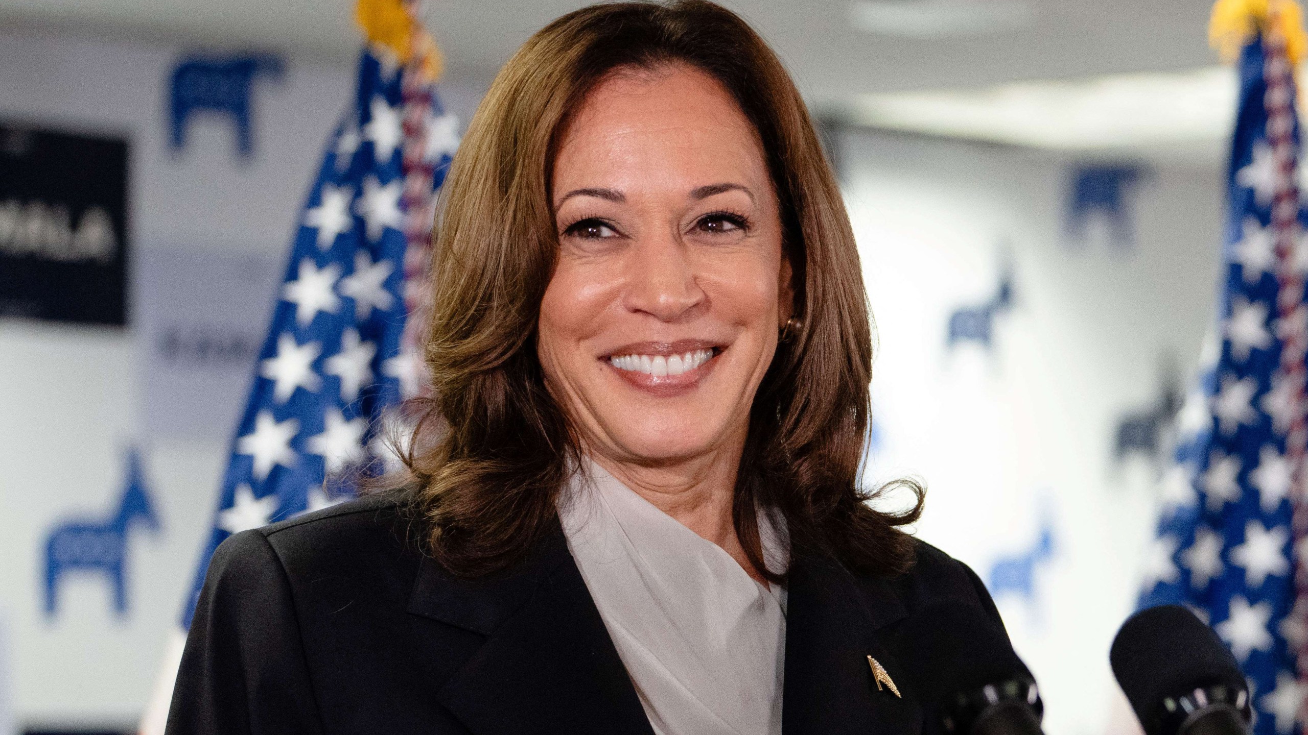 US Vice President and Democratic presidential candidate Kamala Harris speaks at her campaign headquarters in Wilmington, Delaware, on July 22, 2024.