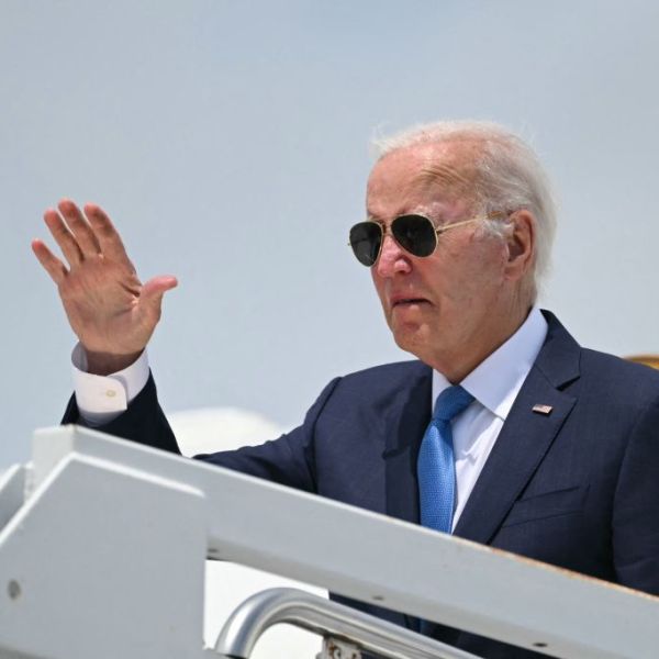 U.S. President Joe Biden waves from Air Force One.