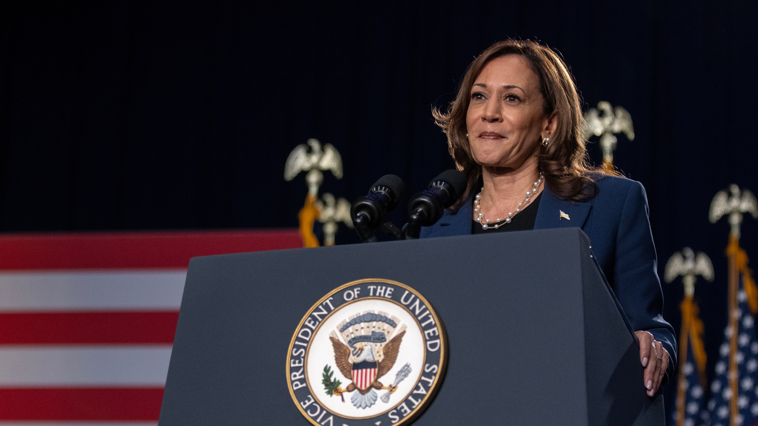 Vice President Kamala Harris speaks to supporters during a campaign rally at West Allis Central High School on July 23, 2024 in West Allis, Wisconsin.