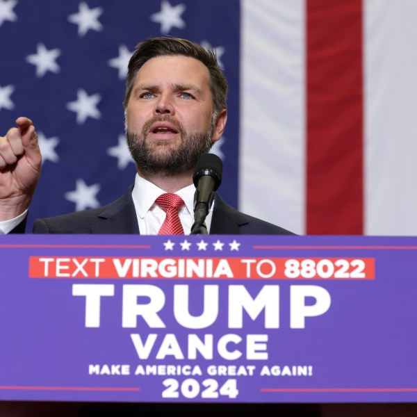 Republican vice presidential nominee JD Vance speaks at a campaign rally in Virginia.