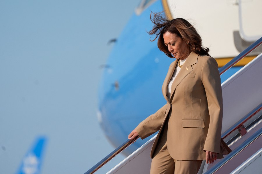 Vice President and Democratic presidential candidate Kamala Harris returns to Joint Base Andrews in Maryland after attending a campaign fundraising event in Massachusetts.