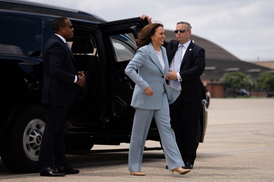 Vice President and 2024 Democratic presidential candidate Kamala Harris boards Air Force Two.