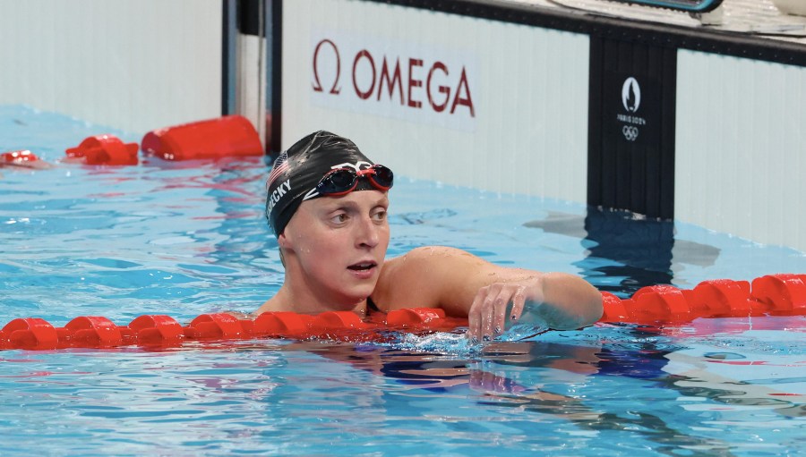 Katie Ledecky of Team United States reacts after finishing 3rd in the women's 400m freestyle final on day one of the Olympic Games Paris.