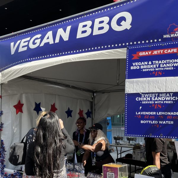 People at RNC buy food from vegan barbecue stall.