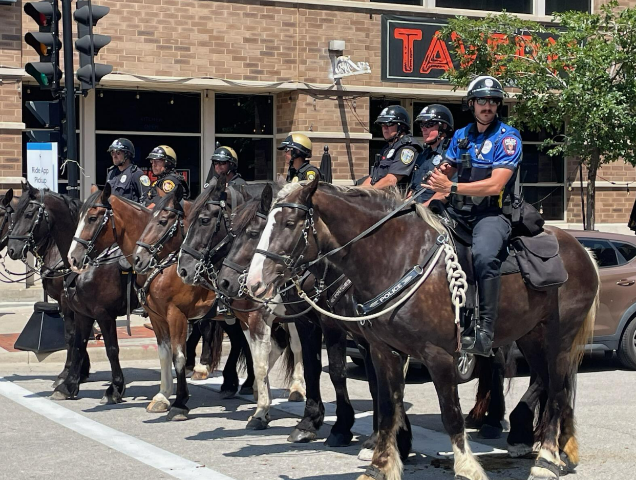 Police officers on horseback patrol outside the RNC in Milwaukee