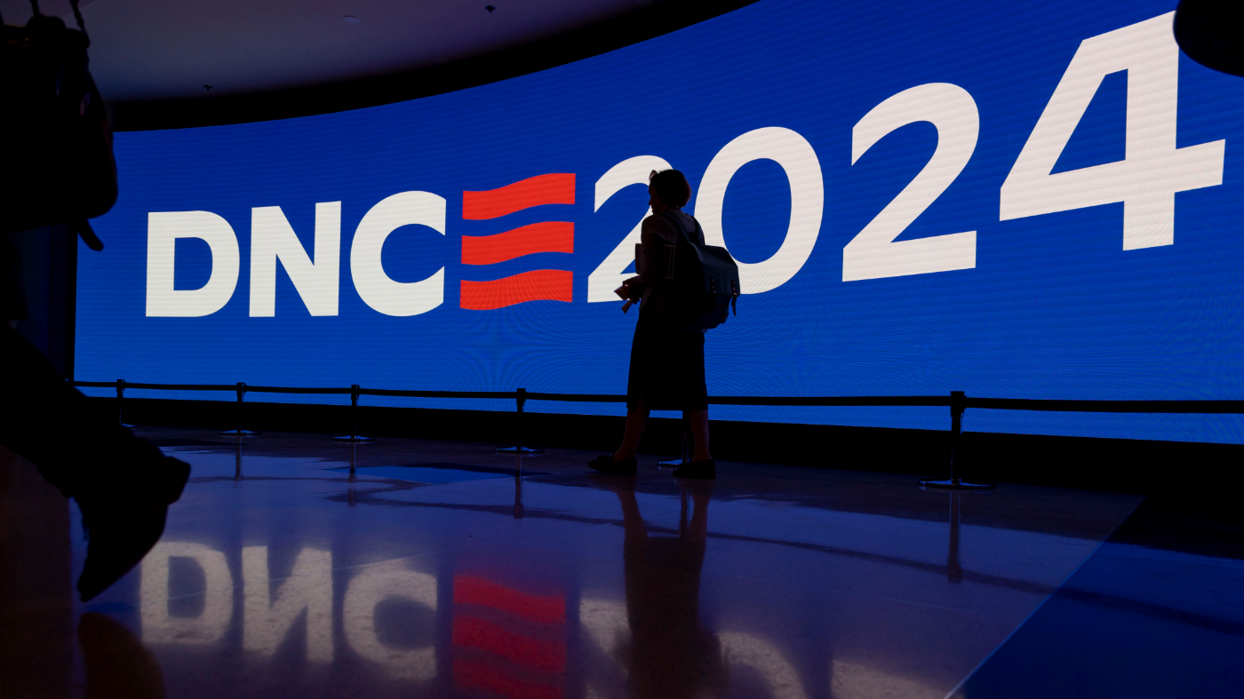 Signage is displayed during a walkthrough of the Democratic National Convention on May 22, 2024, at the United Center.