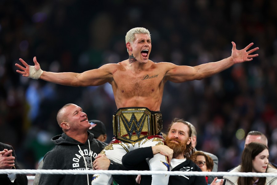 FILE - Cody Rhodes celebrates after winning the Undisputed WWE universal championship match during WrestleMania 40 in Philadelphia, on April 7, 2024. WWE is gearing up for 2024's SummerSlam where Rhodes will be facing off against Solo Sikoa. (Monica Herdon/The Philadelphia Inquirer via AP, File)