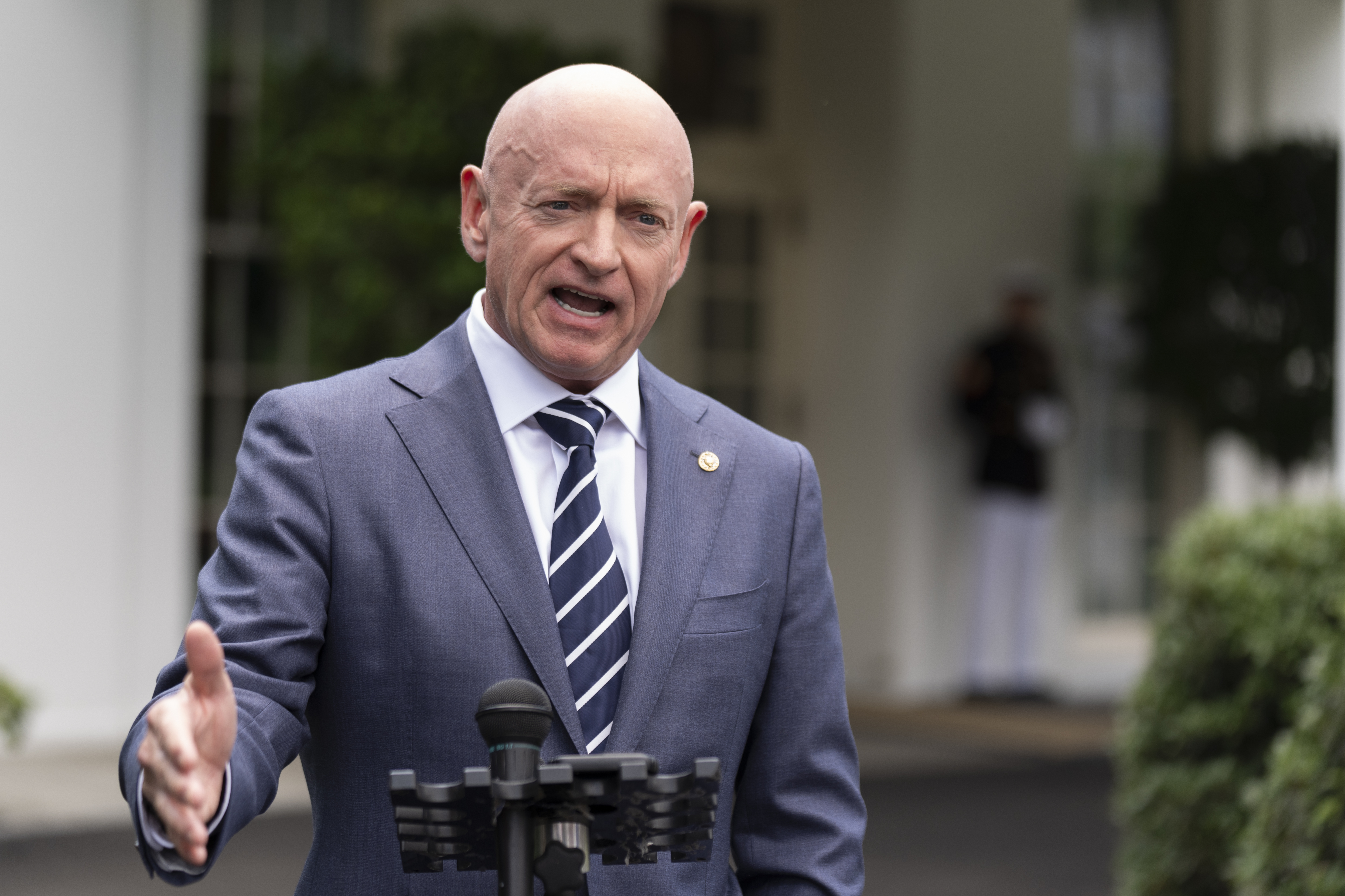 FILE - Sen. Mark Kelly, D-Ariz., speaks about the southern border outside the West Wing of the White House, Tuesday, June 4, 2024, in Washington. (AP Photo/Manuel Balce Ceneta, File)