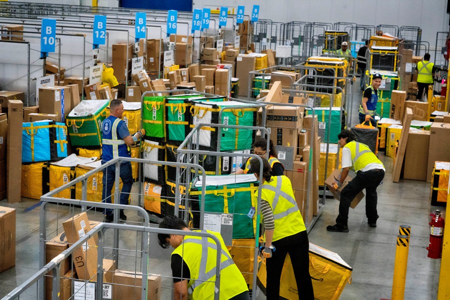 FILE - Amazon employees load packages on carts before being put on to trucks for distribution for Amazon's annual Prime Day event at an Amazon's DAX7 delivery station on July 16, 2024, in South Gate, Calif. Amazon reports earnings on Thursday, Aug. 1, 2024. (AP Photo/Richard Vogel, File)