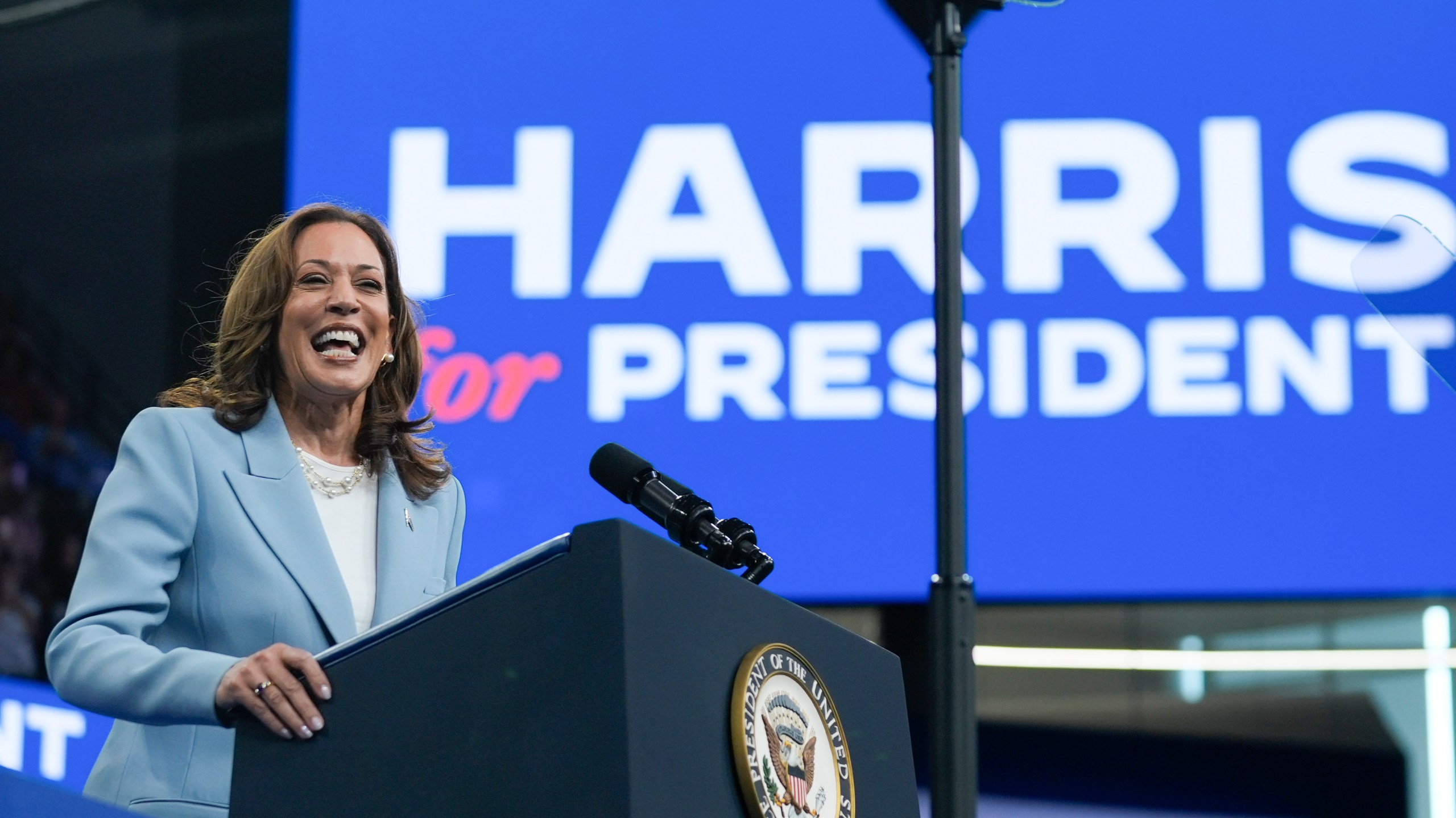 Vice President Kamala Harris speaks during a campaign rally, Tuesday, July 30, 2024, in Atlanta. (AP Photo/John Bazemore)