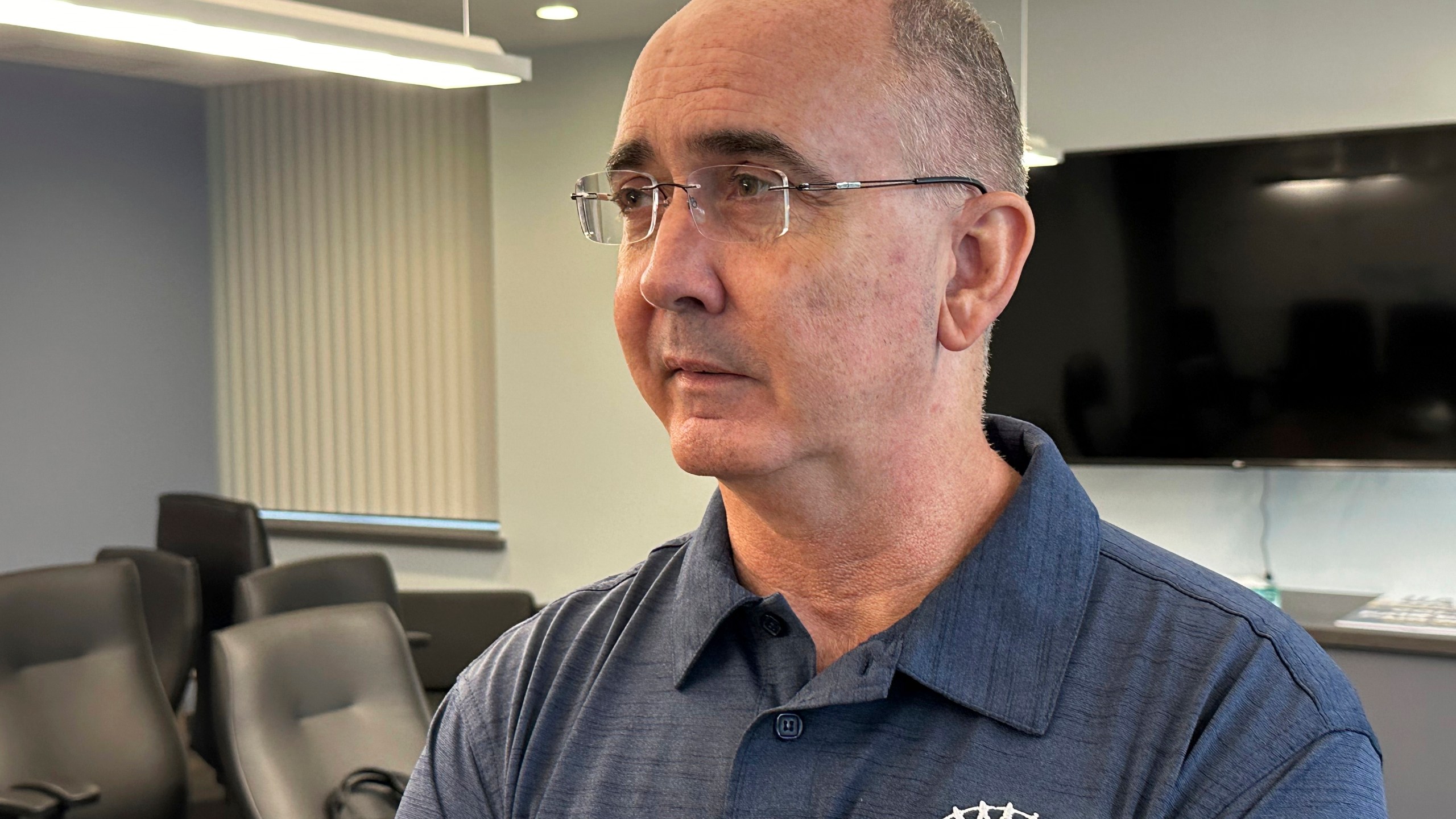 United Auto Workers President Shawn Fain speaks during an interview with The Associated Press on Friday, Aug. 2, 2024, in Detroit. (AP Photo/Mike Householder)