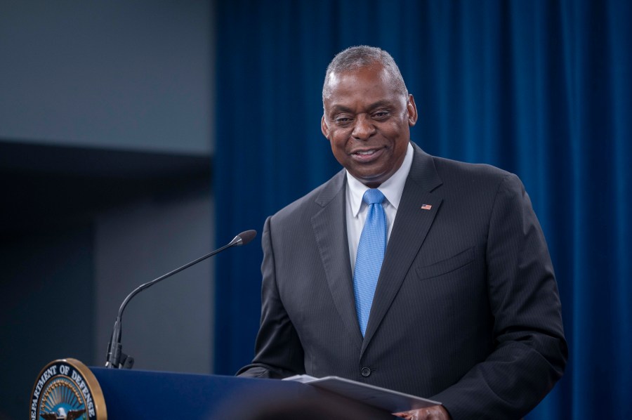 Secretary of Defense Lloyd Austin smiles while answering a question during a press briefing at the Pentagon on Thursday, July 25, 2024 in Washington. (AP Photo/Kevin Wolf)