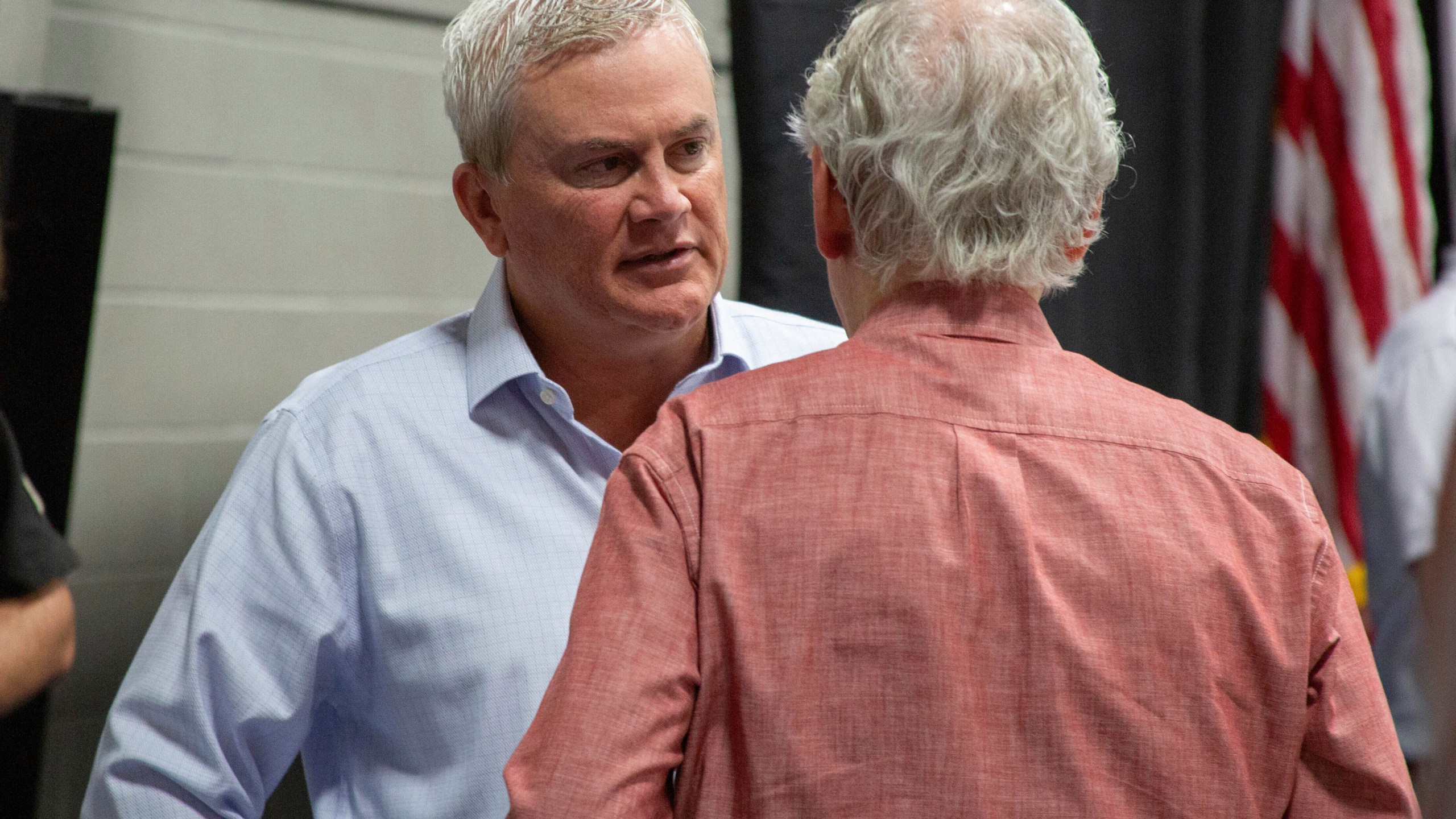 Republican Senate leader Mitch McConnell, right, and U.S. Rep. James Comer chat during a Republican breakfast on Saturday, Aug. 3, 2024, at Mayfield, Ky, before the annual Fancy Farm picnic. (Dylan Payne/The Paducah Sun via AP)