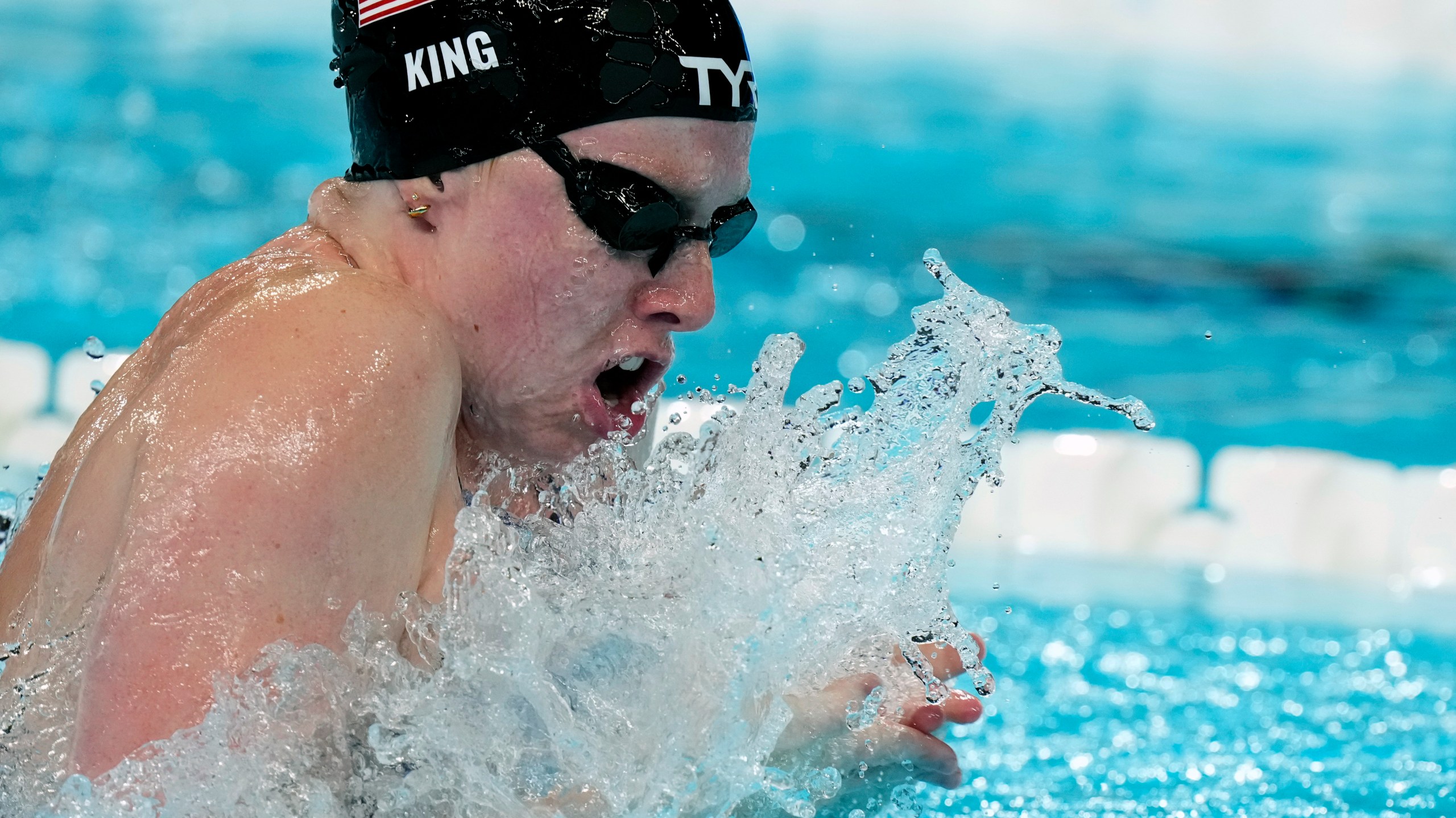 United States' Lilly King competes in the women's 4x100-meter medley relay final at the Summer Olympics in Nanterre, France, Sunday, Aug. 4, 2024. (AP Photo/Brynn Anderson)