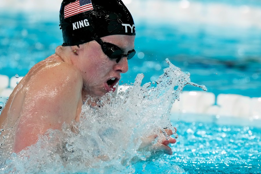 United States' Lilly King competes in the women's 4x100-meter medley relay final at the Summer Olympics in Nanterre, France, Sunday, Aug. 4, 2024. (AP Photo/Brynn Anderson)