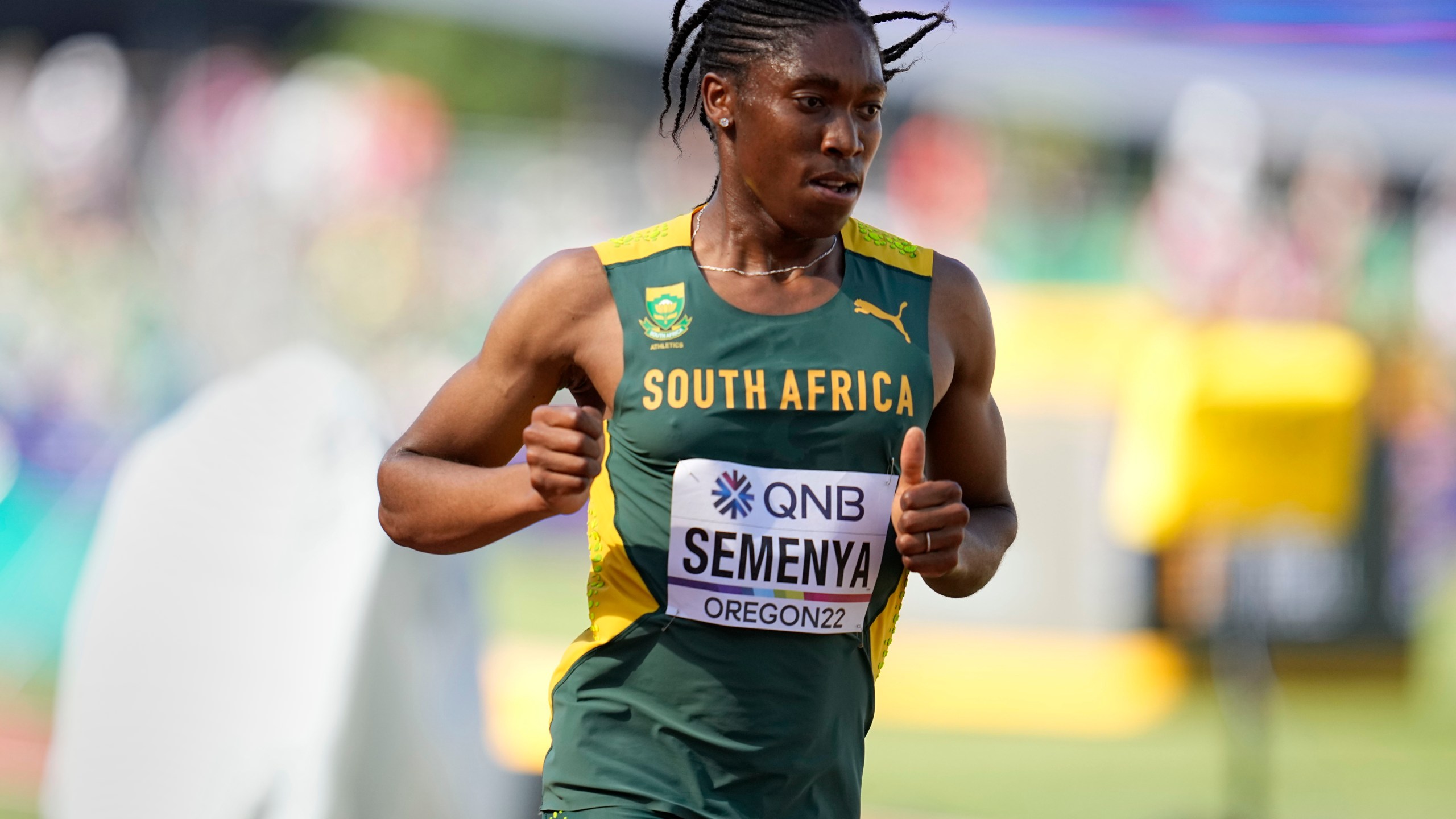 FILE - Caster Semenya, of South Africa, competes during a heat in the women's 5000-meter run at the World Athletics Championships on July 20, 2022, in Eugene, Ore. (AP Photo/Ashley Landis, File)