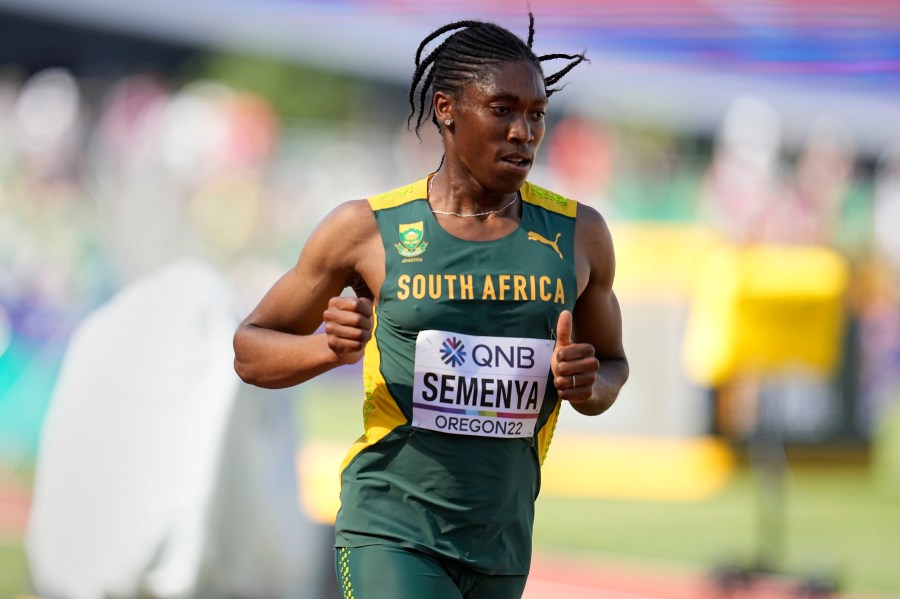 FILE - Caster Semenya, of South Africa, competes during a heat in the women's 5000-meter run at the World Athletics Championships on July 20, 2022, in Eugene, Ore. (AP Photo/Ashley Landis, File)