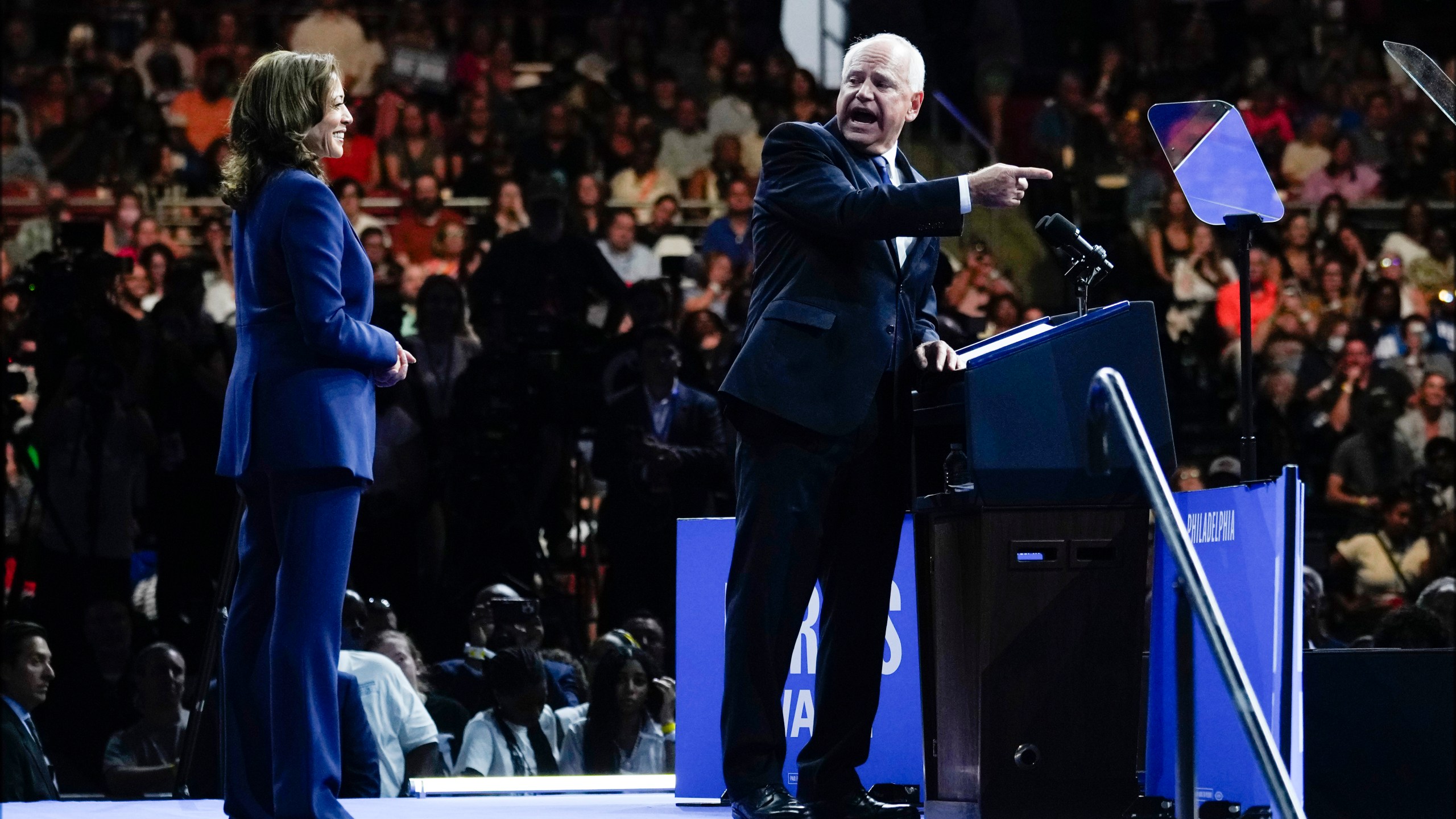 Democratic presidential nominee Vice President Kamala Harris and her running mate Minnesota Gov. Tim Walz speak at a campaign rally in Philadelphia, Tuesday, Aug. 6, 2024. (AP Photo/Matt Rourke)