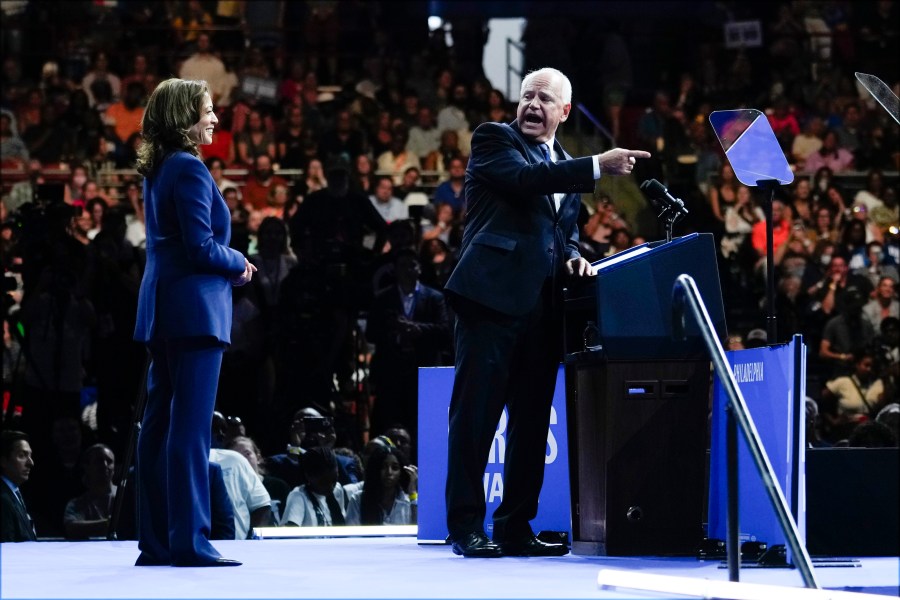 Democratic presidential nominee Vice President Kamala Harris and her running mate Minnesota Gov. Tim Walz speak at a campaign rally in Philadelphia, Tuesday, Aug. 6, 2024. (AP Photo/Matt Rourke)