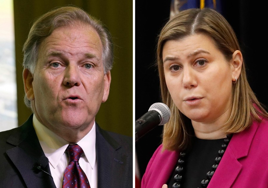 Former Rep. Mike Rogers, R-Mich., left, speaks in North Charleston, S.C., March 18, 2023, and Rep. Elissa Slotkin, D-Mich., speaks in Rochester, Mich., Dec. 16, 2019. (AP Photo)