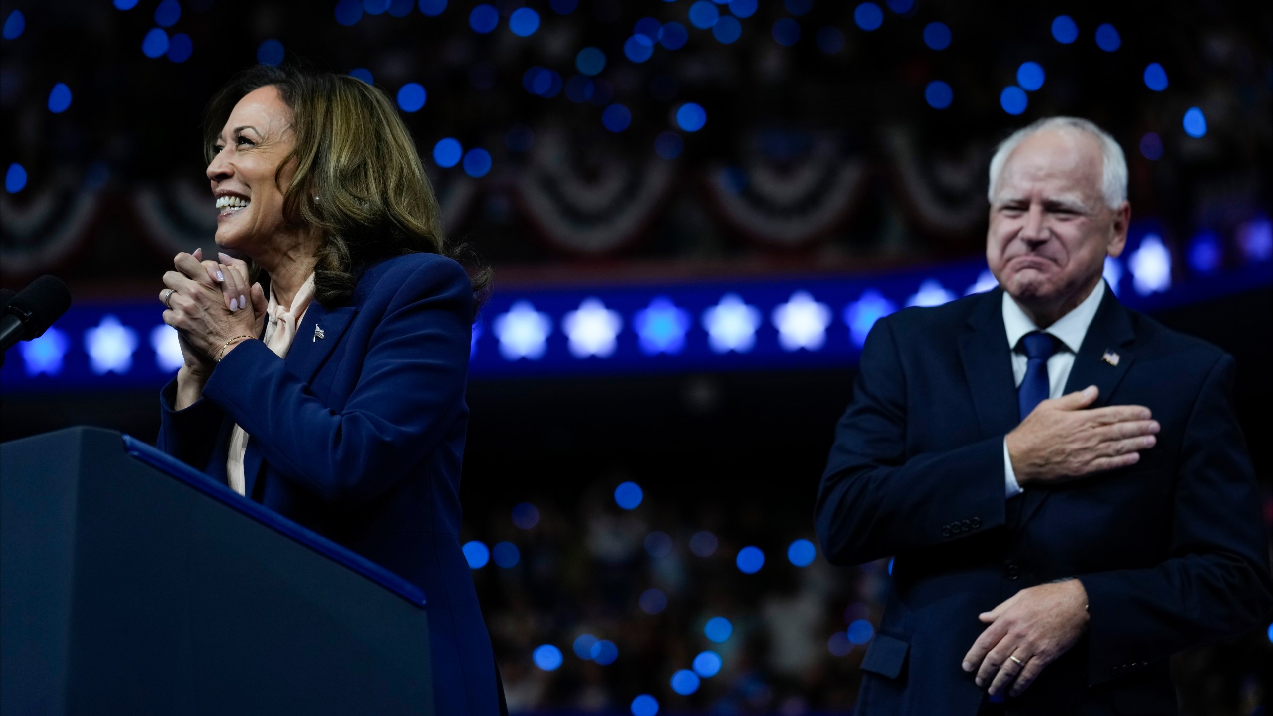 Democratic presidential nominee Vice President Kamala Harris and her running mate Minnesota Gov. Tim Walz speak at a campaign rally in Philadelphia, Tuesday, Aug. 6, 2024. (AP Photo/Matt Rourke)