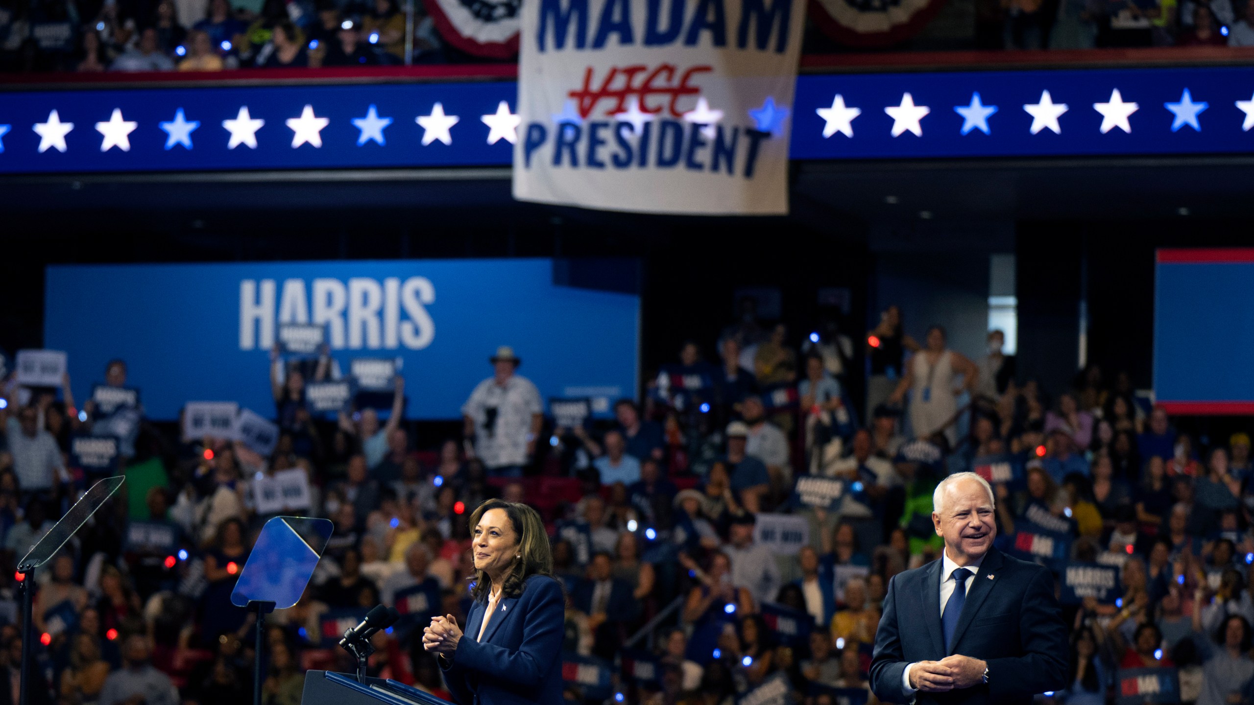 Democratic presidential nominee Vice President Kamala Harris and her running mate Minnesota Gov. Tim Walz appear at a campaign rally in Philadelphia, Tuesday, Aug. 6, 2024. (AP Photo/Joe Lamberti)