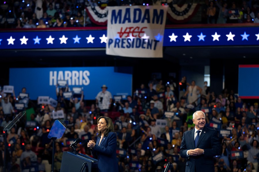 Democratic presidential nominee Vice President Kamala Harris and her running mate Minnesota Gov. Tim Walz appear at a campaign rally in Philadelphia, Tuesday, Aug. 6, 2024. (AP Photo/Joe Lamberti)