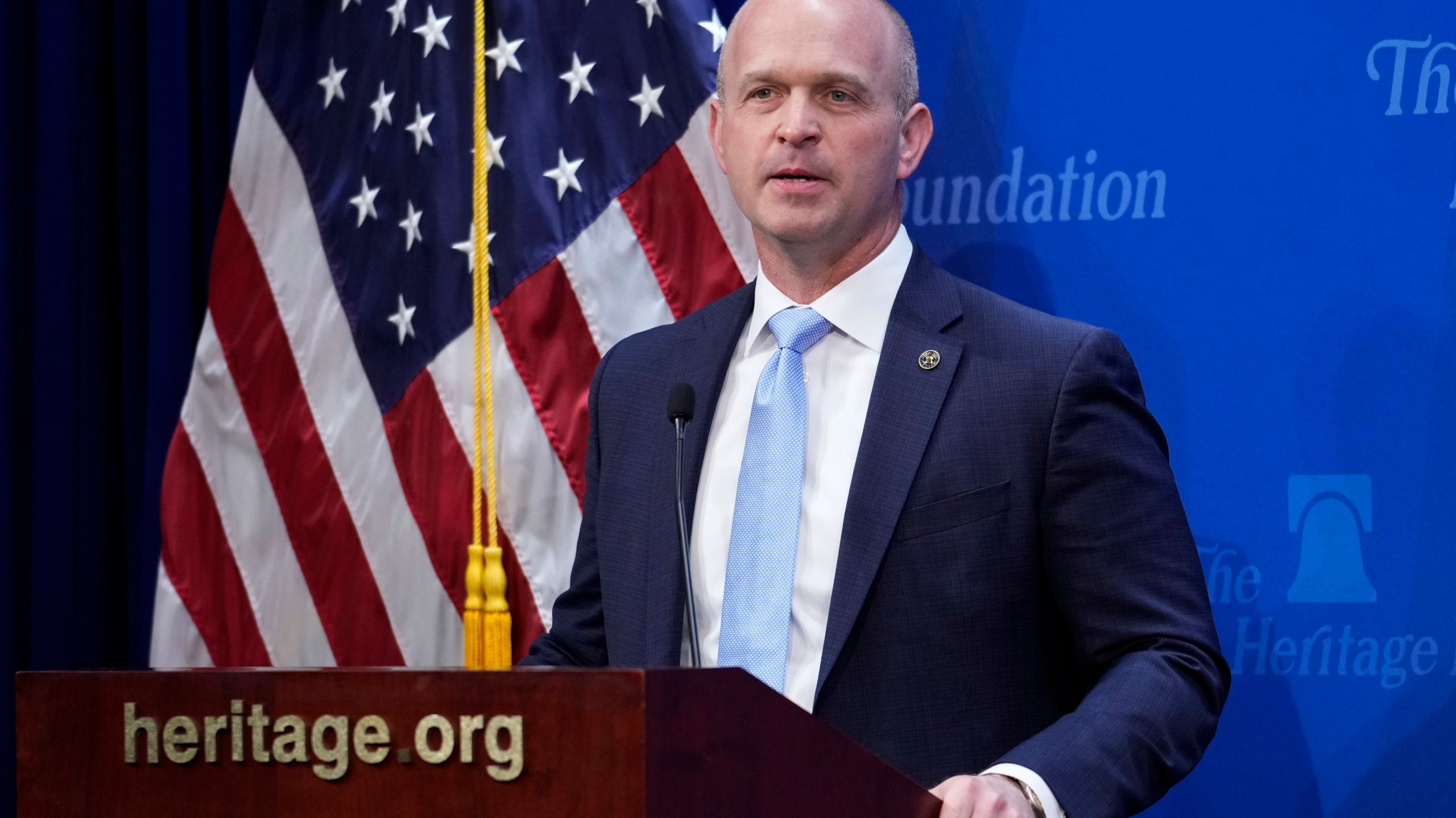 FILE - Kevin Roberts, president of The Heritage Foundation, speaks at the 2023 Margaret Thatcher Freedom Lecture in Washington, April 12, 2023. Roberts said Thursday, July 18, 2024, that most political violence committed in the U.S. in the past 25 years was the work of left-wing groups or individuals. But 2022 research shows that right-wing extremists are actually more likely to commit violence. (AP Photo/J. Scott Applewhite, File)