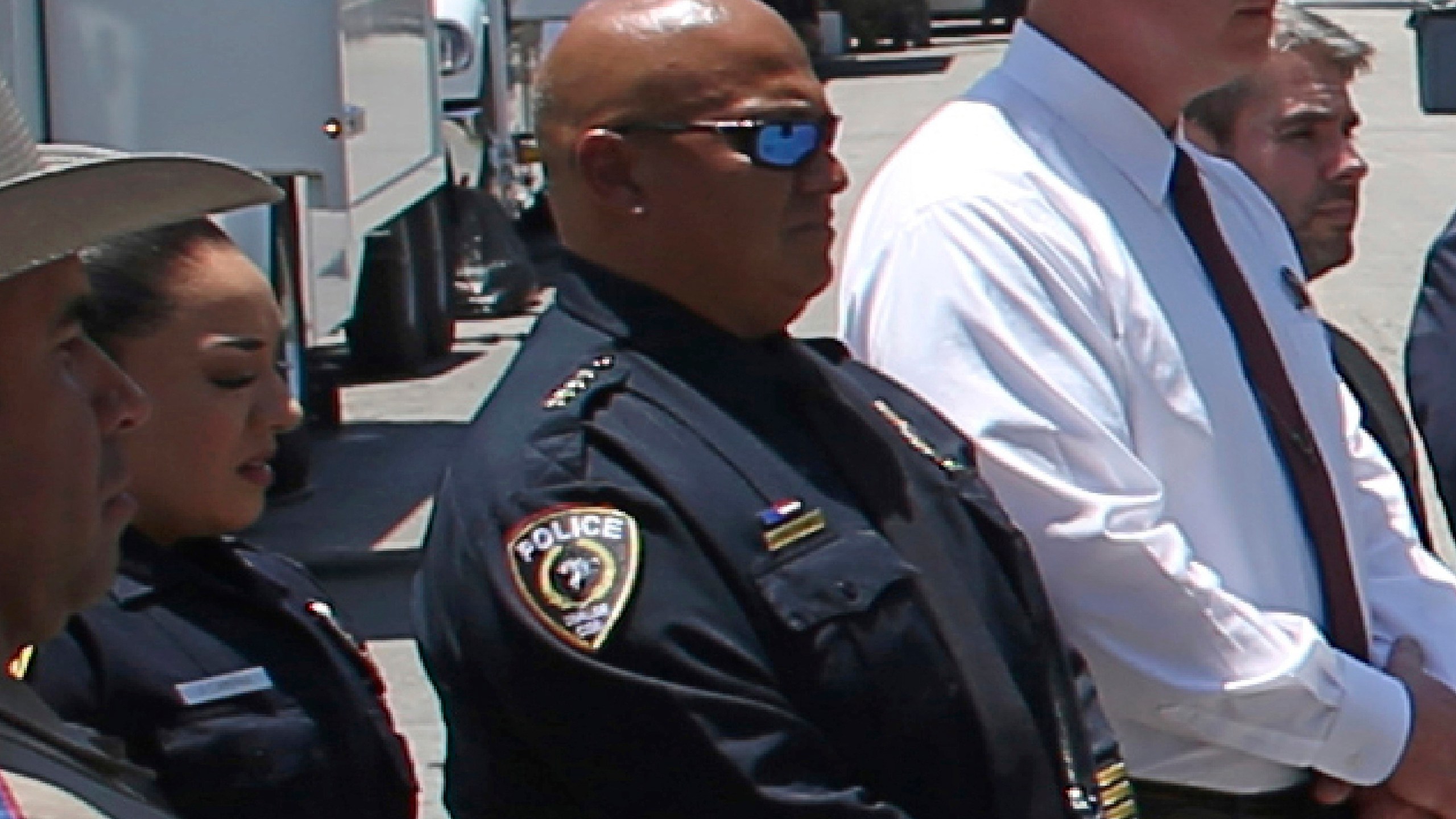 FILE - Uvalde School Police Chief Pete Arredondo, third from left, stands during a news conference outside of the Robb Elementary school on May 26, 2022, in Uvalde, Texas. (AP Photo/Dario Lopez-Mills, File)