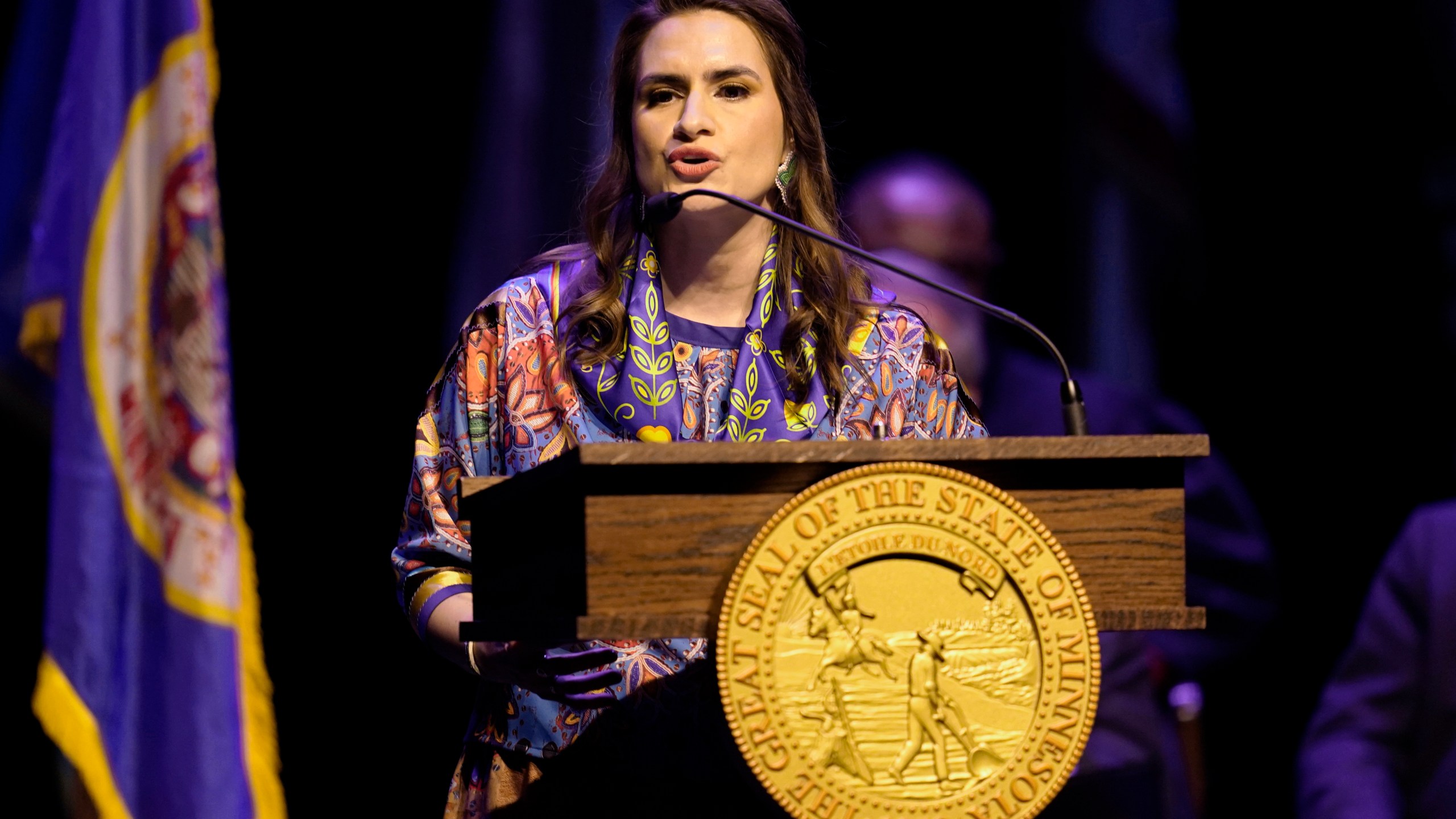 Minnesota Lt. Governor Peggy Flanagan delivers a speech after being sworn in for her second term during her inauguration, Monday, Jan. 2, 2023, in St. Paul, Minn. (AP Photo/Abbie Parr, File)