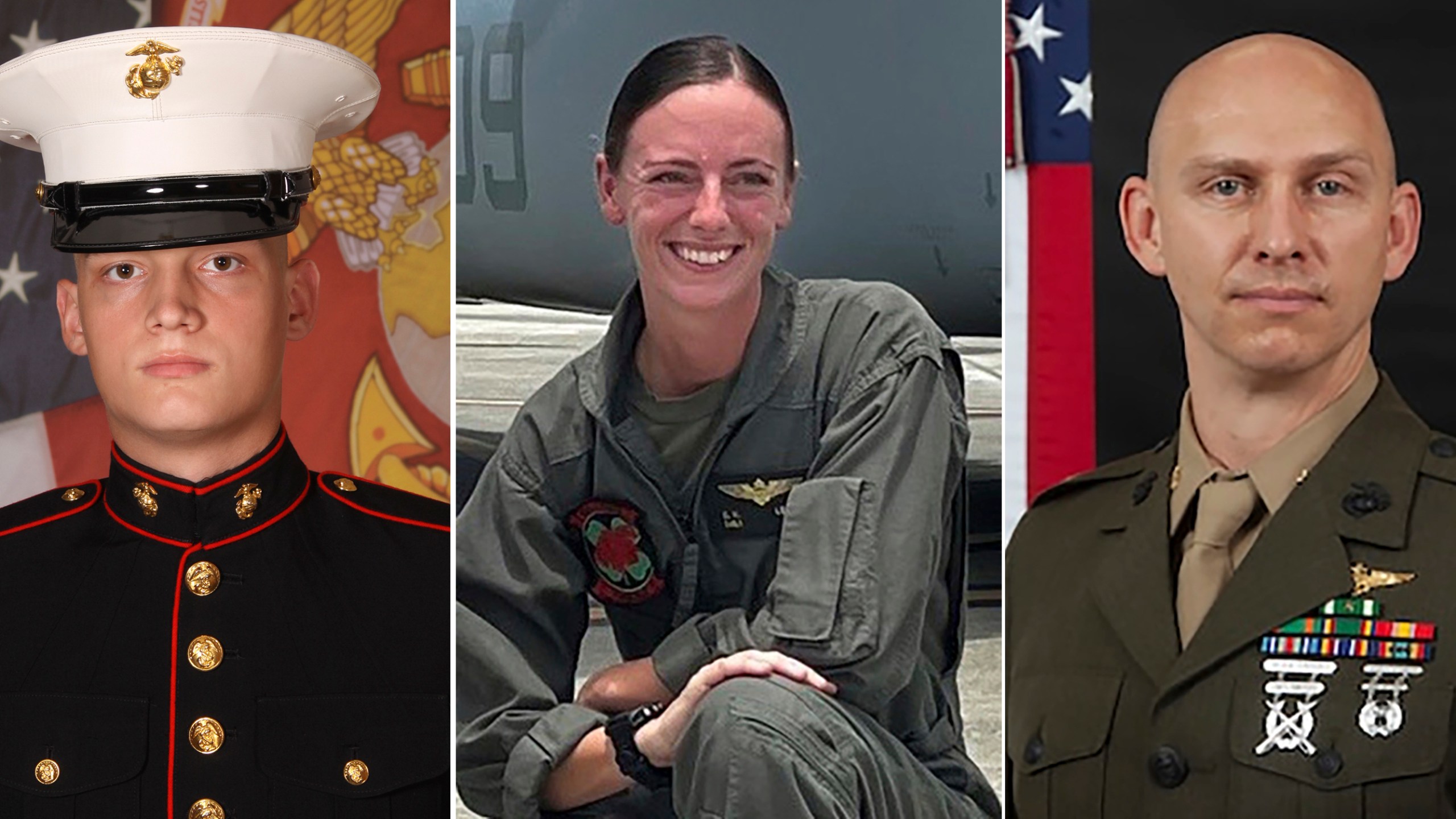 This combination of photos provided by U.S. Marines Corps., shows Marine V-22B Osprey pilot Capt. Eleanor V. LeBeau, center, Cpl. Spencer R. Collart, left, and Maj. Tobin J. Lewis, right. The U.S. Marine Corps has released the names of the three Marines killed in a fiery tiltrotor aircraft crash on a north Australian island this week and said one off their colleagues remained in hospital in a critical condition.(U.S. Marines Corps via AP)