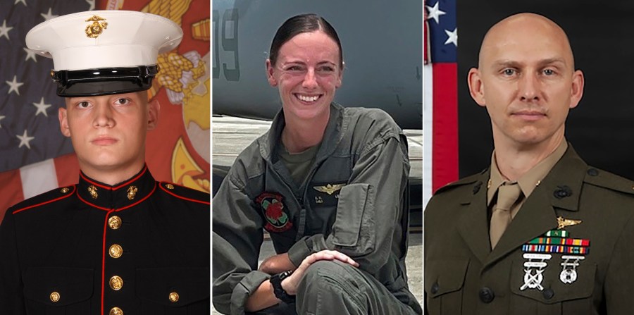 This combination of photos provided by U.S. Marines Corps., shows Marine V-22B Osprey pilot Capt. Eleanor V. LeBeau, center, Cpl. Spencer R. Collart, left, and Maj. Tobin J. Lewis, right. The U.S. Marine Corps has released the names of the three Marines killed in a fiery tiltrotor aircraft crash on a north Australian island this week and said one off their colleagues remained in hospital in a critical condition.(U.S. Marines Corps via AP)