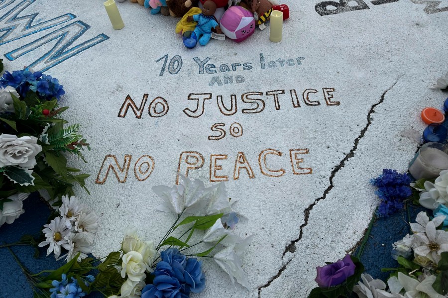 A memorial to Michael Brown is displayed on Canfield Drive in Ferguson, Mo., on Wednesday, Aug. 7, 2024. (AP Photo/Jim Salter)