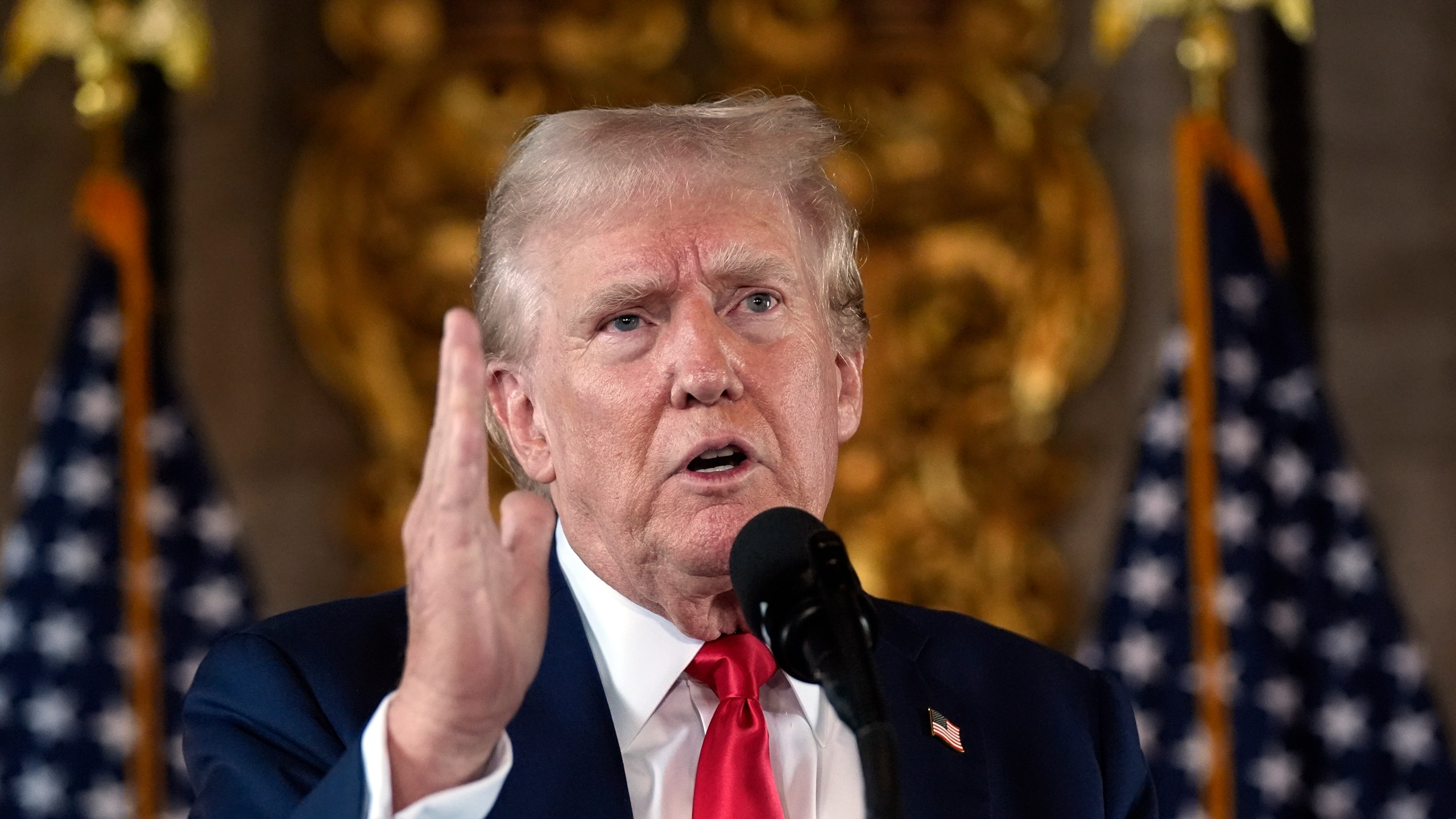 Republican presidential nominee former President Donald Trump speaks to reporters during a news conference at his Mar-a-Lago estate Thursday, Aug. 8, 2024, in Palm Beach, Fla. (AP Photo/Alex Brandon)