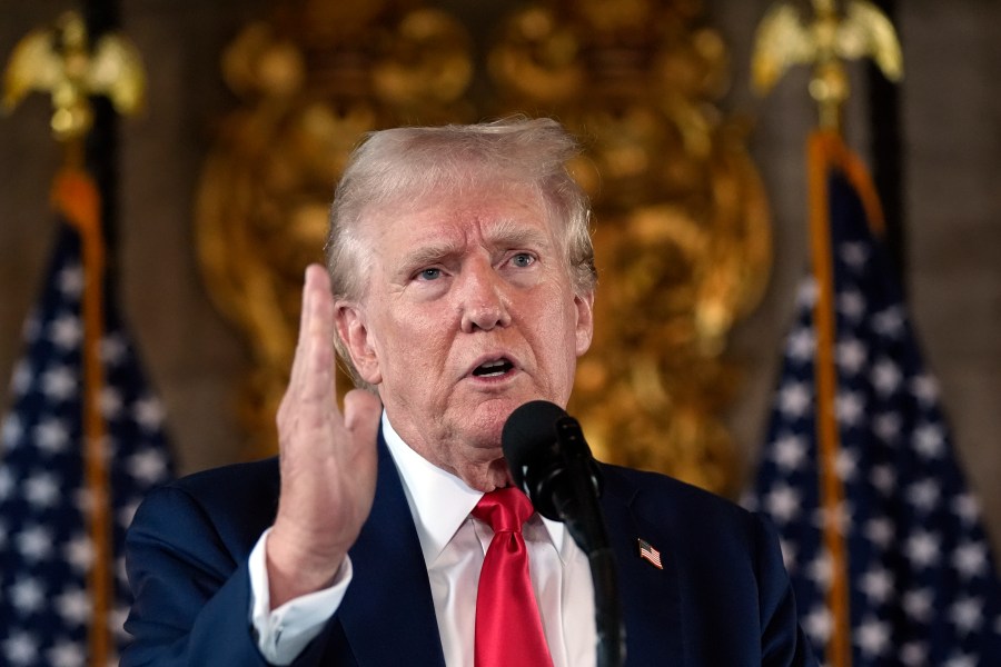 Republican presidential nominee former President Donald Trump speaks to reporters during a news conference at his Mar-a-Lago estate Thursday, Aug. 8, 2024, in Palm Beach, Fla. (AP Photo/Alex Brandon)