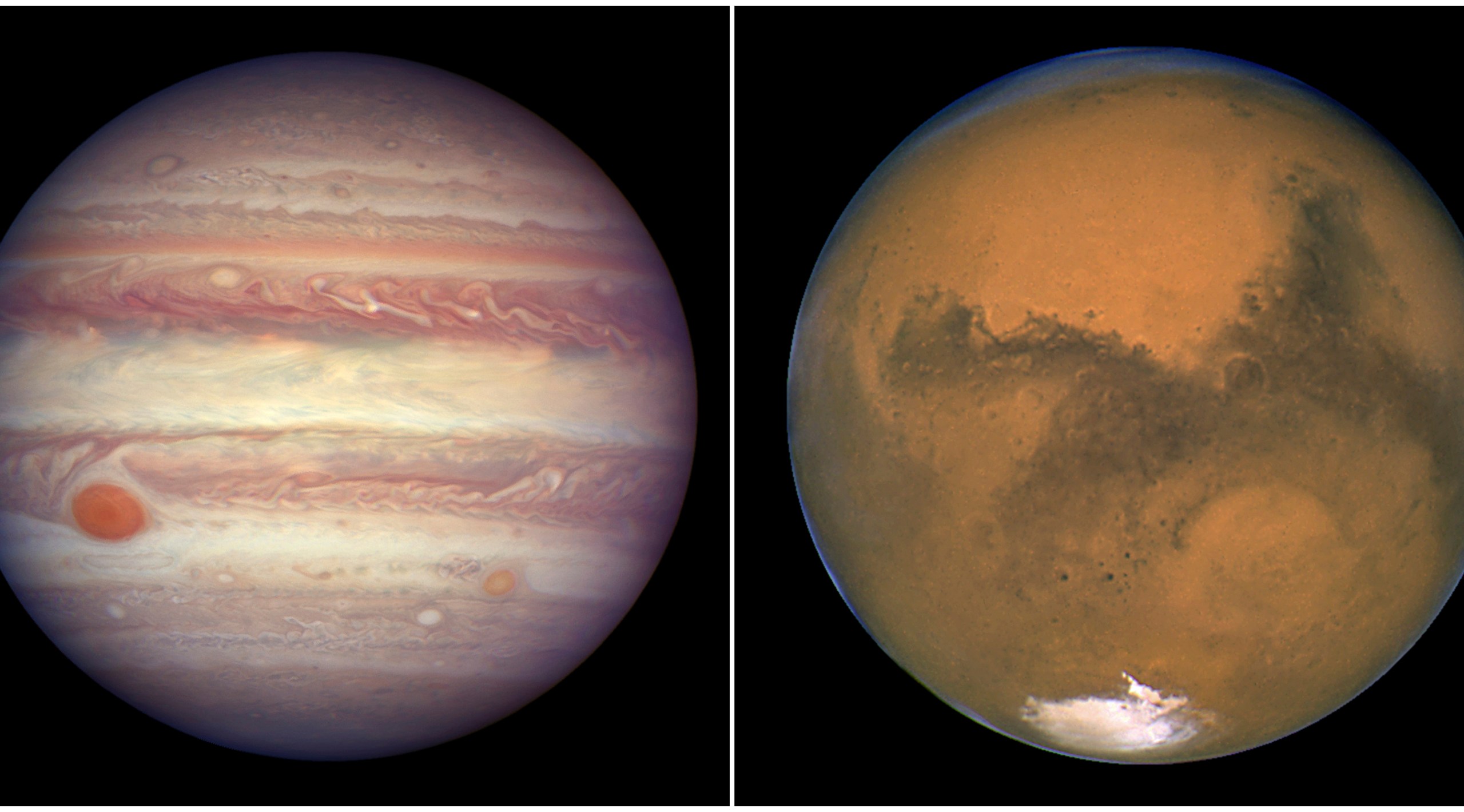 This combination image, created from two photos provided by NASA, shows Jupiter pictured on April 3, 2017, left, and Mars pictured on Aug. 26, 2003, right. (NASA via AP)