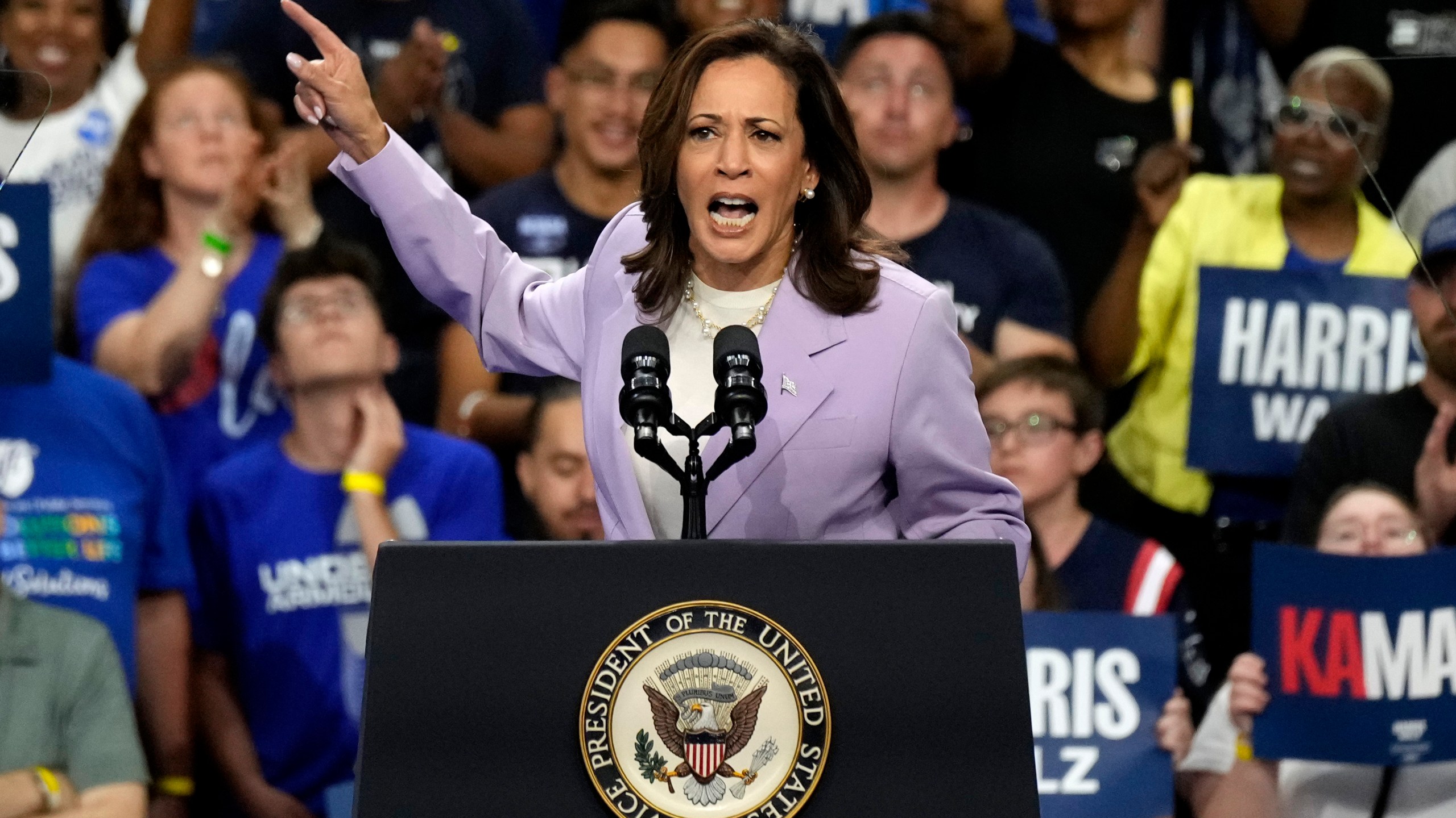 Democratic presidential nominee Vice President Kamala Harris speaks at a campaign rally at the University of Nevada, Las Vegas on Saturday, Aug. 10, 2024. (AP Photo/Jae Hong)