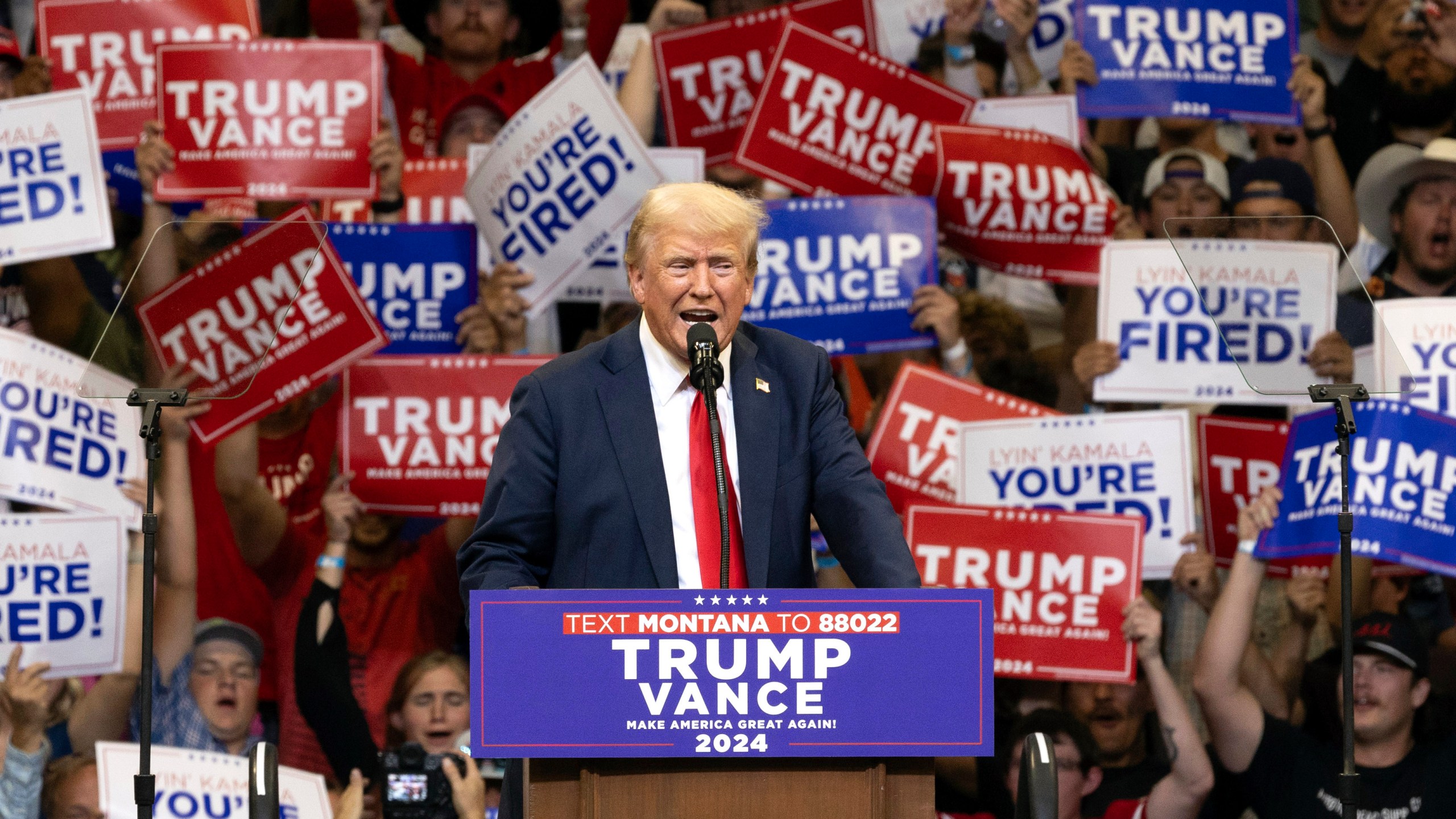 Republican presidential nominee former President Donald Trump speaks at a campaign rally in Bozeman, Mont., Friday, Aug. 9, 2024. (AP Photo/Janie Osborne)