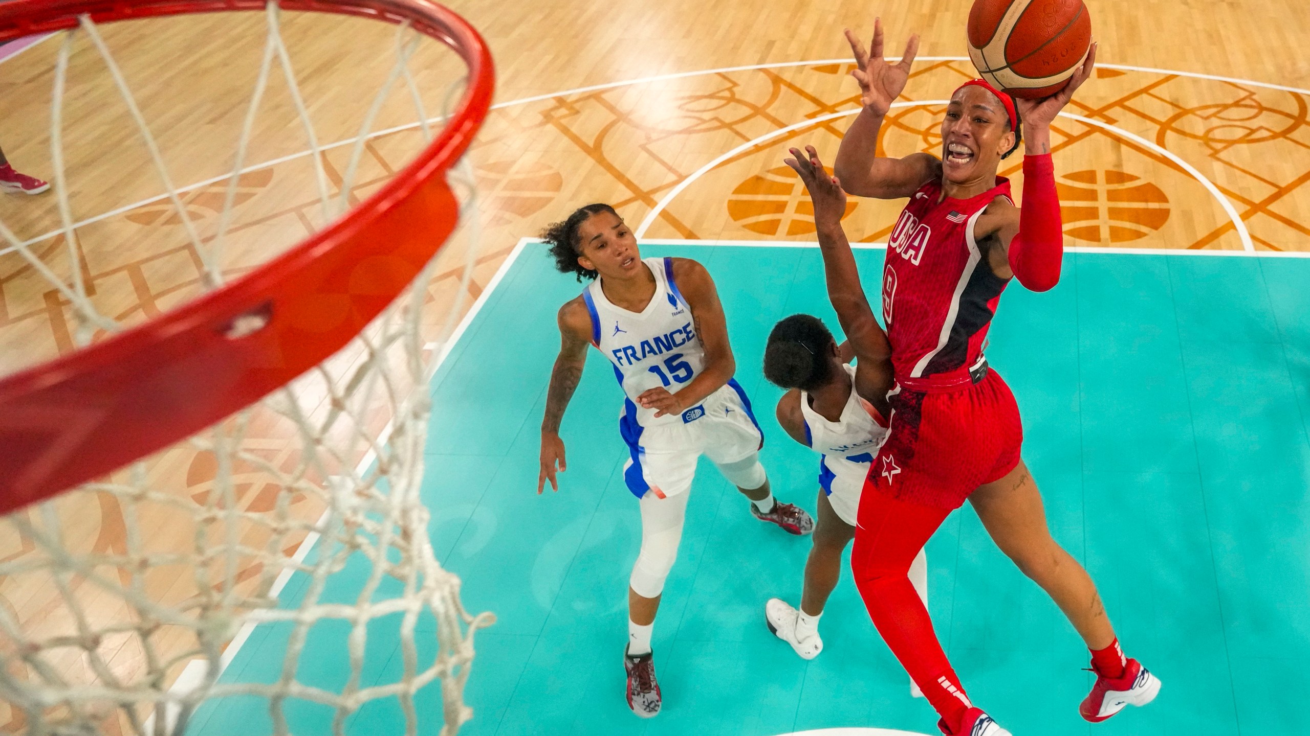 United States' A'ja Wilson (9) shoots for a basket during a women's gold medal basketball game between the United States and France at Bercy Arena at the 2024 Summer Olympics, Sunday, Aug. 11, 2024, in Paris, France. (AP Photo/Mark J. Terrill, Pool)