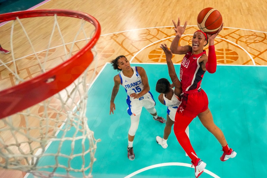 United States' A'ja Wilson (9) shoots for a basket during a women's gold medal basketball game between the United States and France at Bercy Arena at the 2024 Summer Olympics, Sunday, Aug. 11, 2024, in Paris, France. (AP Photo/Mark J. Terrill, Pool)