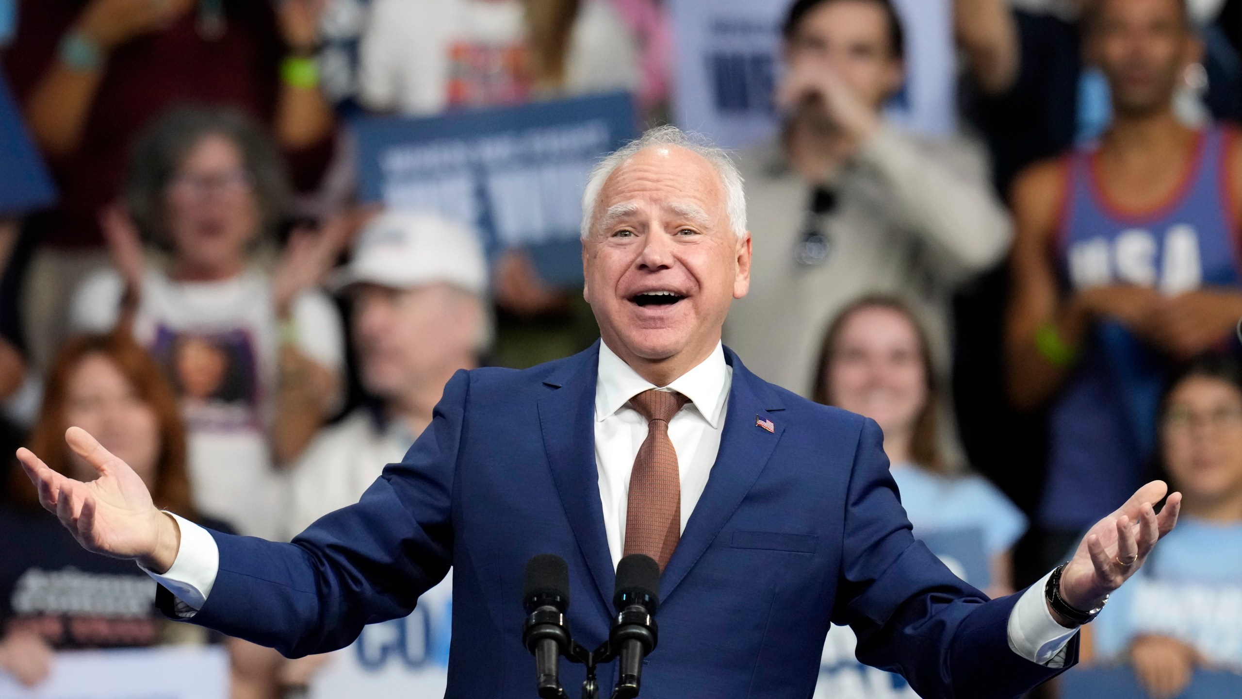 Democratic vice presidential nominee Minnesota Gov. Tim Walz speaks at a campaign rally at Desert Diamond Arena, Friday, Aug. 9, 2024, in Glendale, Ariz. (AP Photo/Ross D. Franklin)