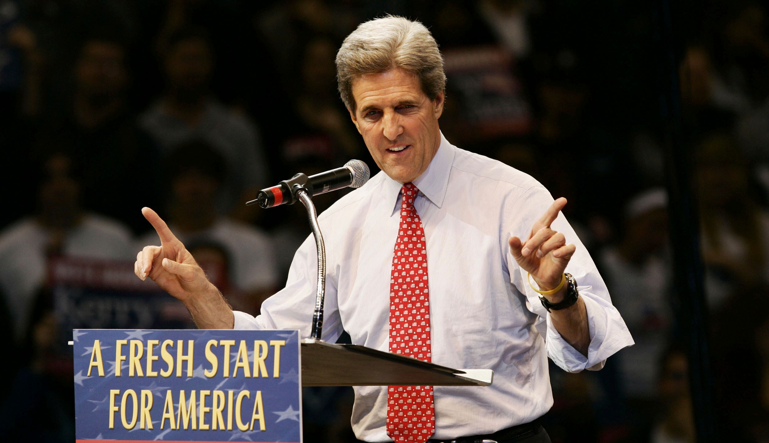 FILE - Democratic Presidential candidate Sen. John Kerry, D-Mass., speaks at a rally in Detroit, Mich. Monday, Nov. 1, 2004. (AP Photo/Gerald Herbert, File)