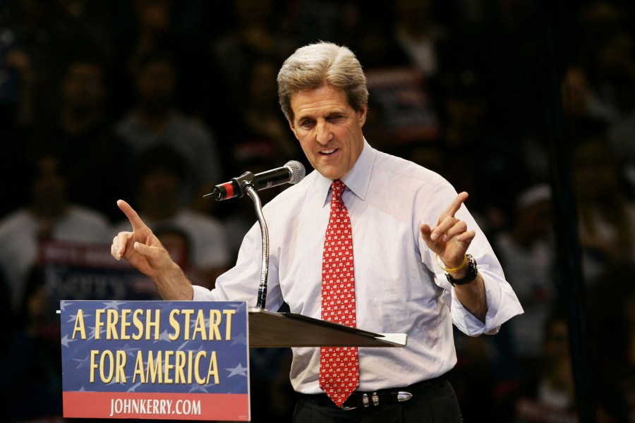 FILE - Democratic Presidential candidate Sen. John Kerry, D-Mass., speaks at a rally in Detroit, Mich. Monday, Nov. 1, 2004. (AP Photo/Gerald Herbert, File)