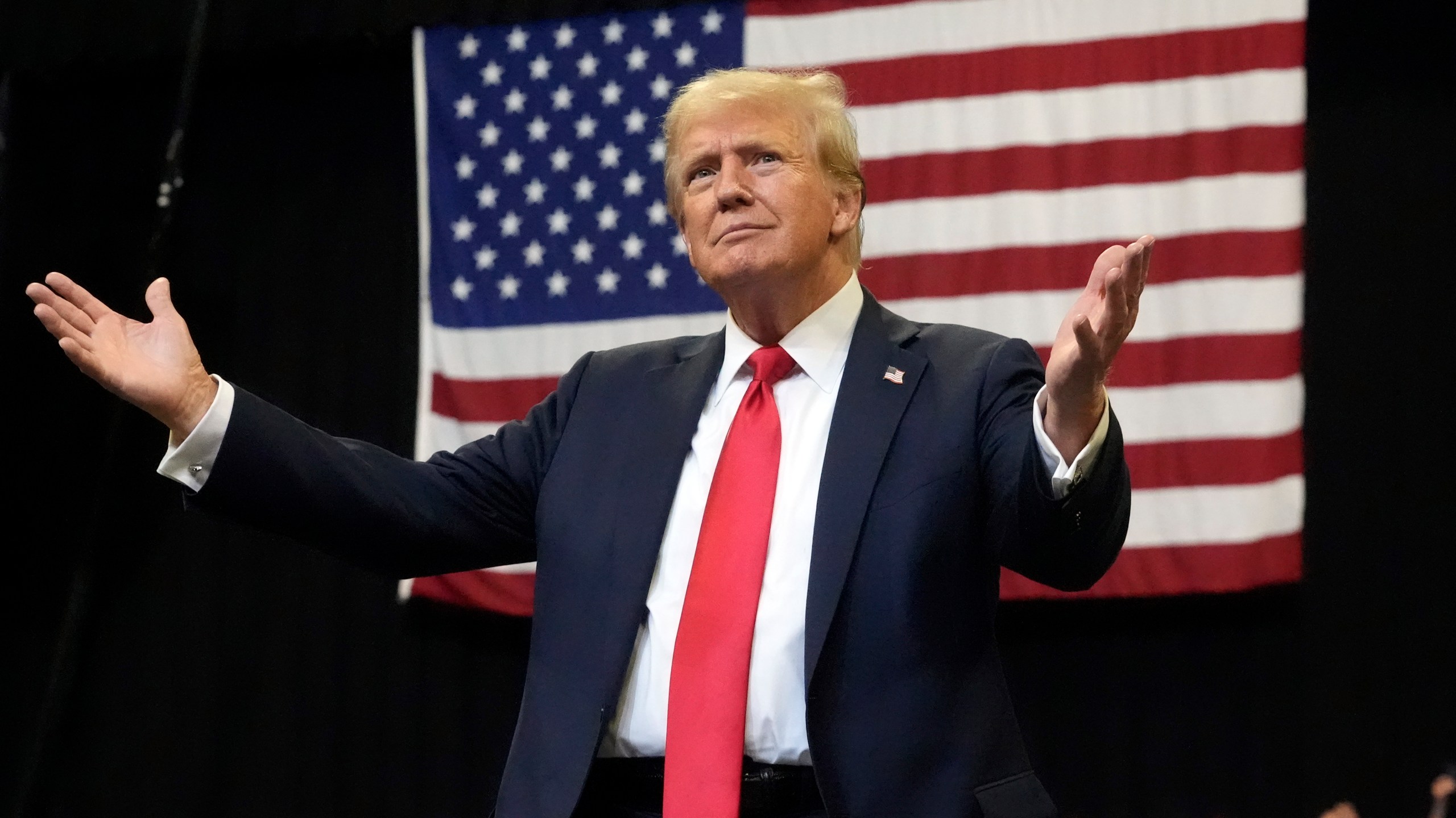 Republican presidential nominee former President Donald Trump arrives to speak at a campaign rally in Bozeman, Mont., Friday, Aug. 9, 2024. (AP Photo/Rick Bowmer)