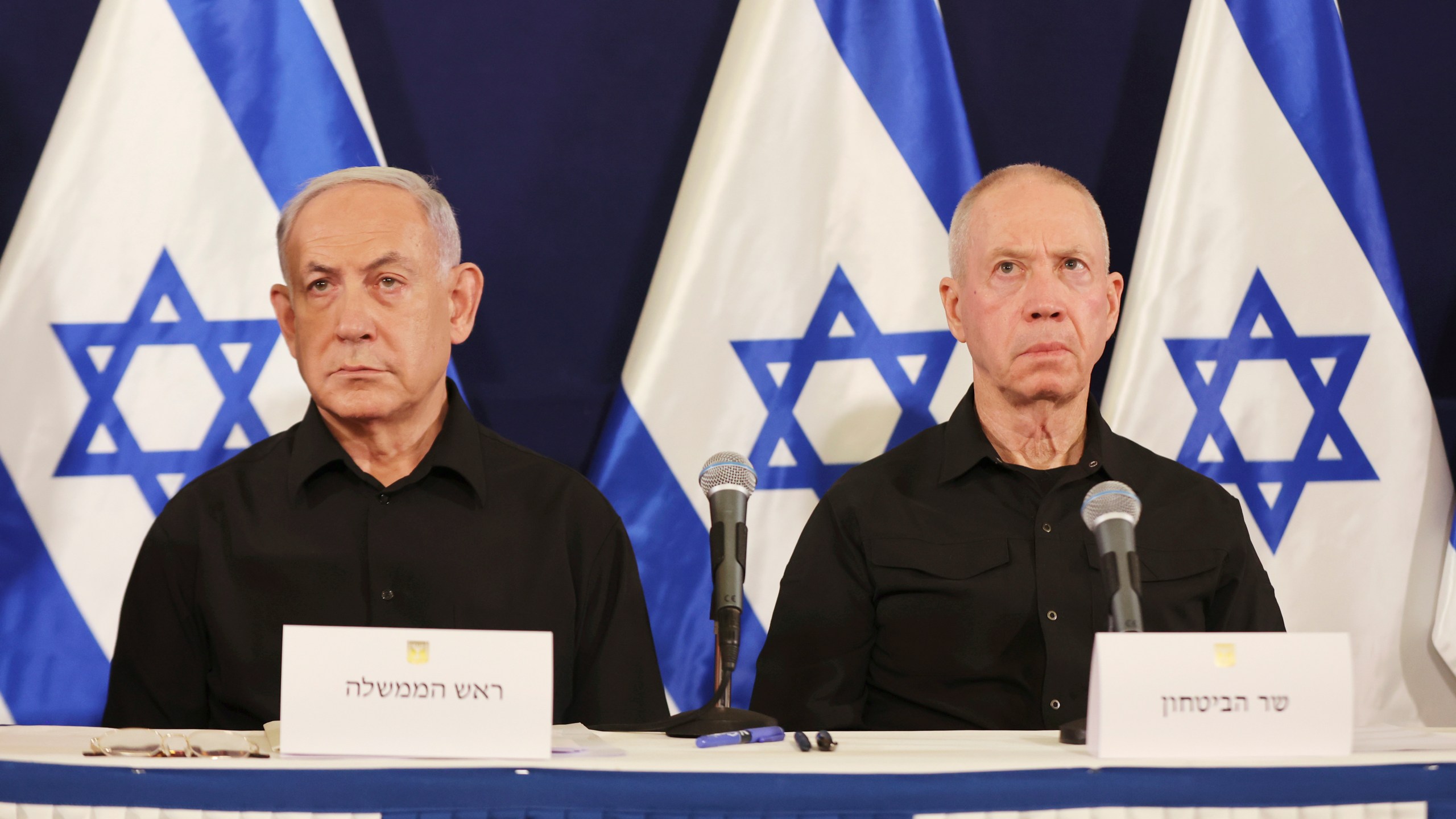 FILE -Israeli Prime Minister Benjamin Netanyahu, left and Defense Minister Yoav Gallant attend a press conference in the Kirya military base in Tel Aviv, Israel, Oct. 28, 2023. (Abir Sultan/Pool Photo via AP, File)