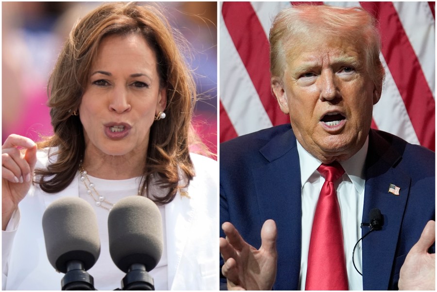 This combination of photos shows Vice President Kamala Harris, left, on Aug. 7, 2024 and Republican presidential candidate former President Donald Trump on July 31, 2024. (AP Photo/Charles Rex Arbogast)