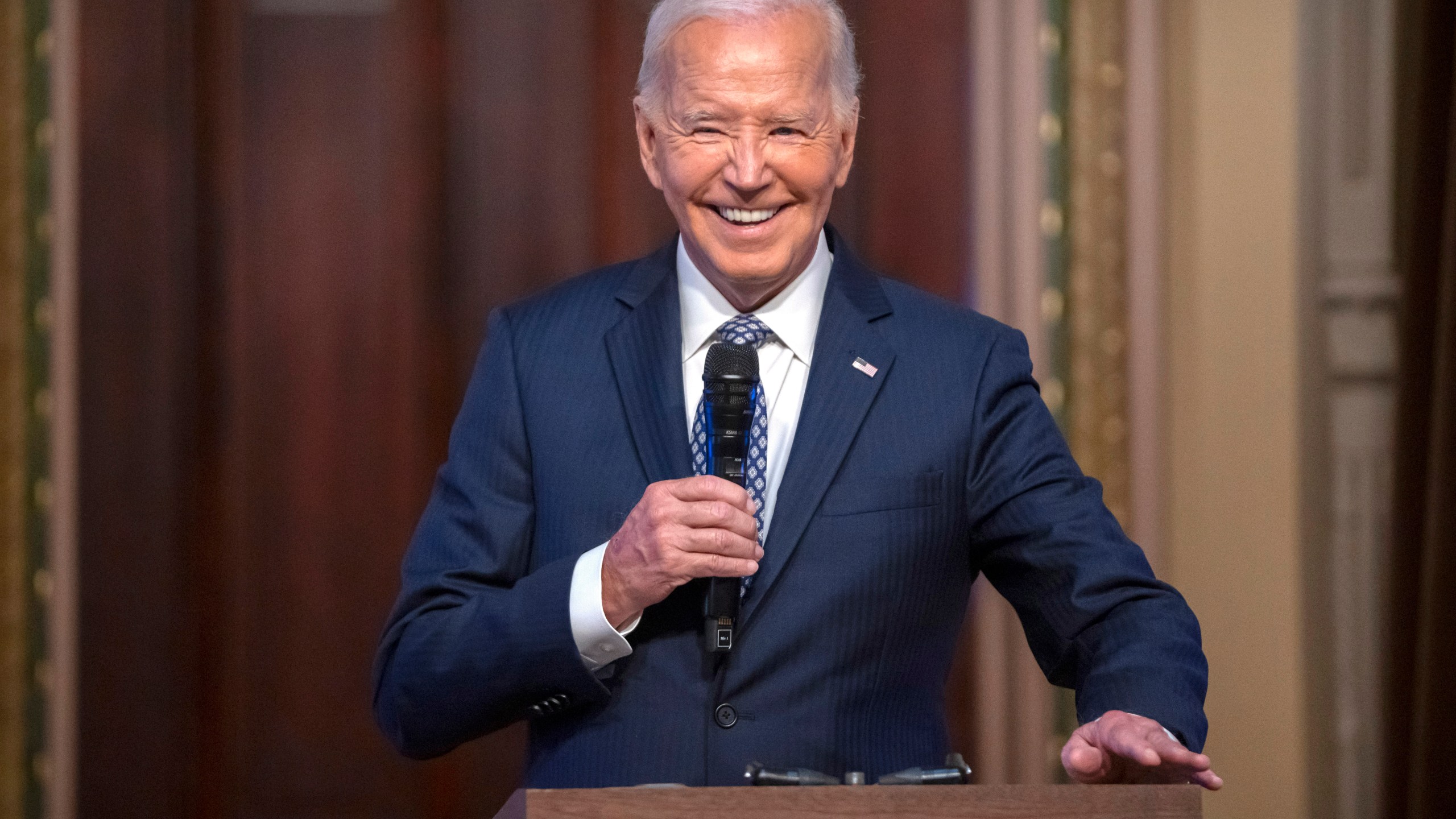 President Joe Biden speaks at the White House Creator Economy Conference in the Indian Treaty Room at the Eisenhower Executive Office Building on the White House complex, Wednesday, Aug. 14, 2024, in Washington. (AP Photo/Mark Schiefelbein)