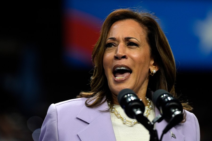 FILE - Democratic presidential nominee Vice President Kamala Harris speaks at a campaign rally, Aug. 10, 2024, in Las Vegas. (AP Photo/Julia Nikhinson, File)