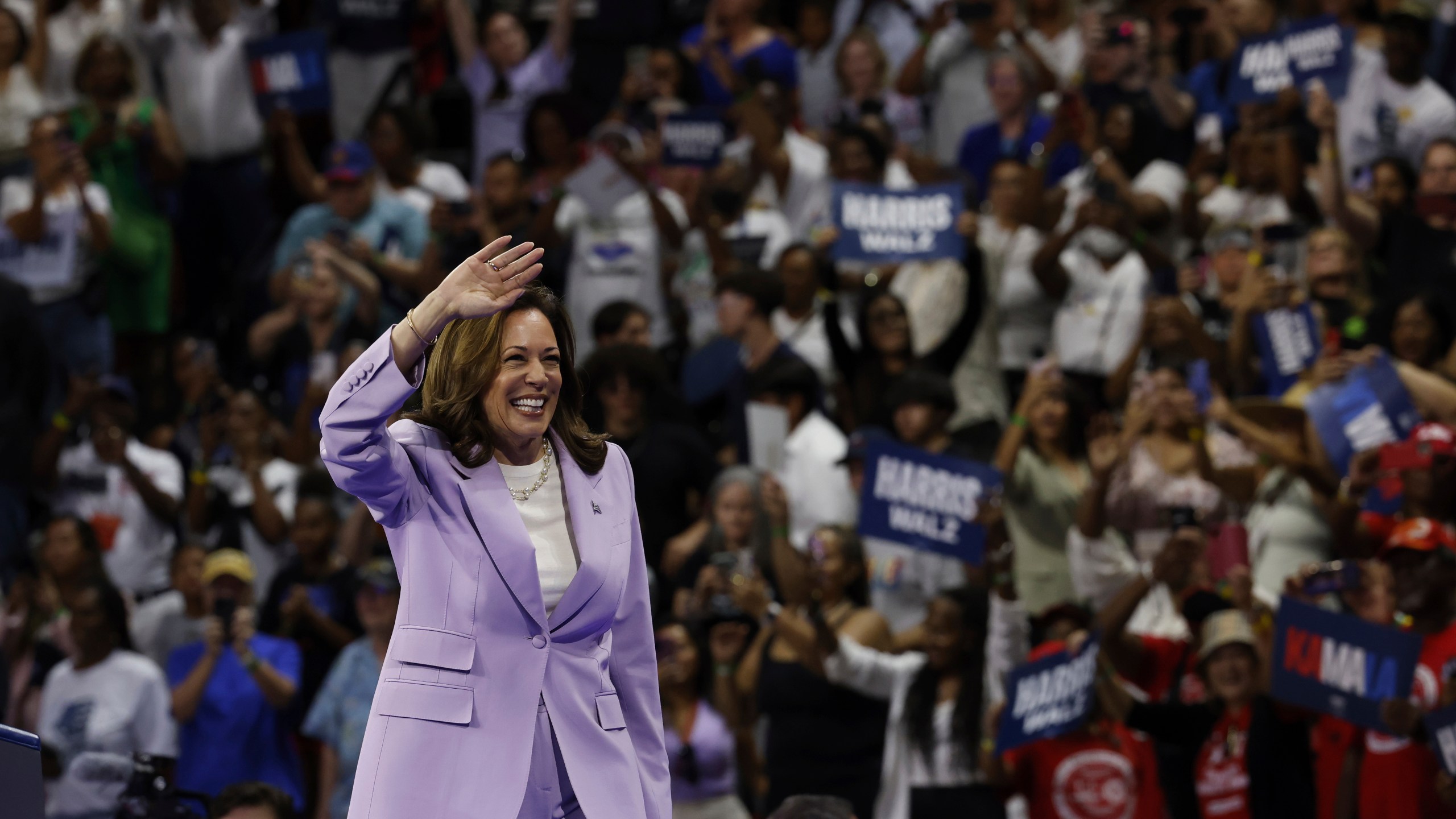 Vice President Kamala Harris and Governor Tim Waltz host a campaign rally at University of Las Vegas Thomas and Mack Center in Las Vegas, on Saturday, August 10, 2024. (Yalonda M. James/San Francisco Chronicle via AP)